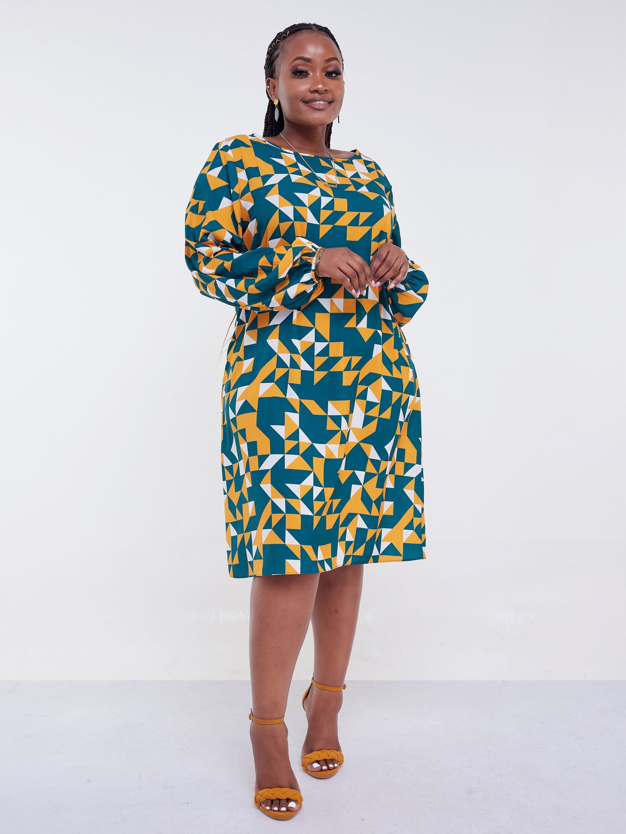 Vivo Jasiri Bishop Sleeve Shift Dress - Teal / Mustard Geometric Print