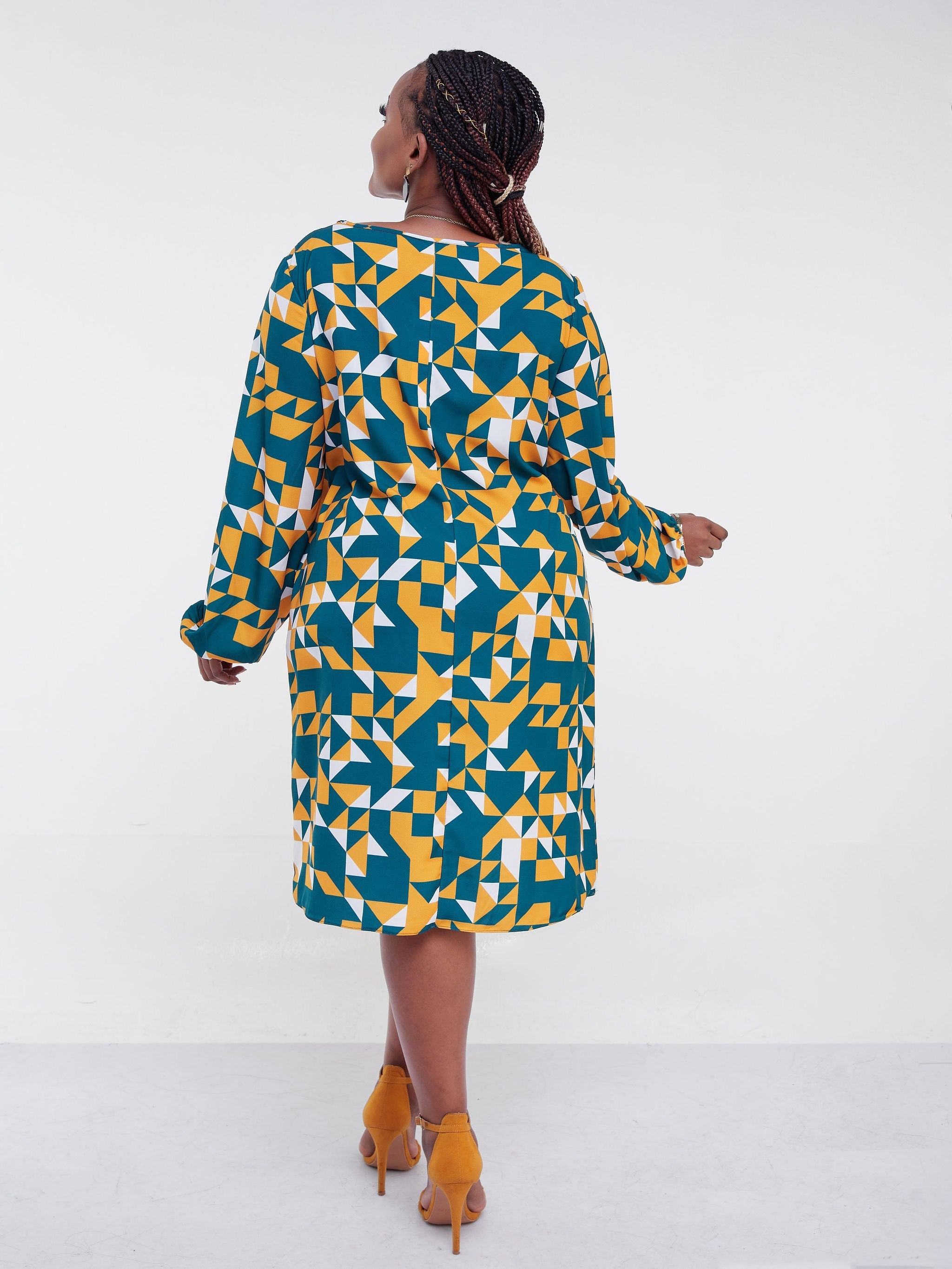 Vivo Jasiri Bishop Sleeve Shift Dress - Teal / Mustard Geometric Print