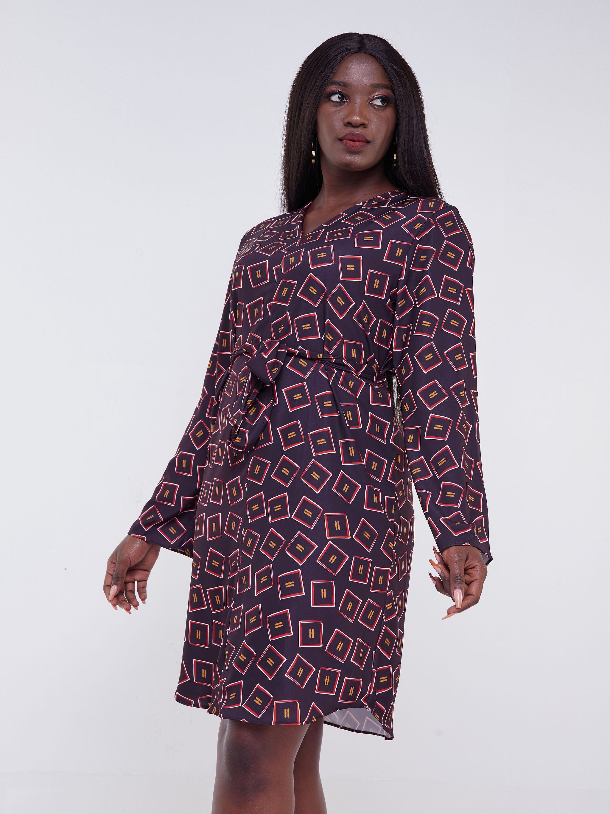 Vivo Jema V-Neck Shirt Dress - Burgundy Print