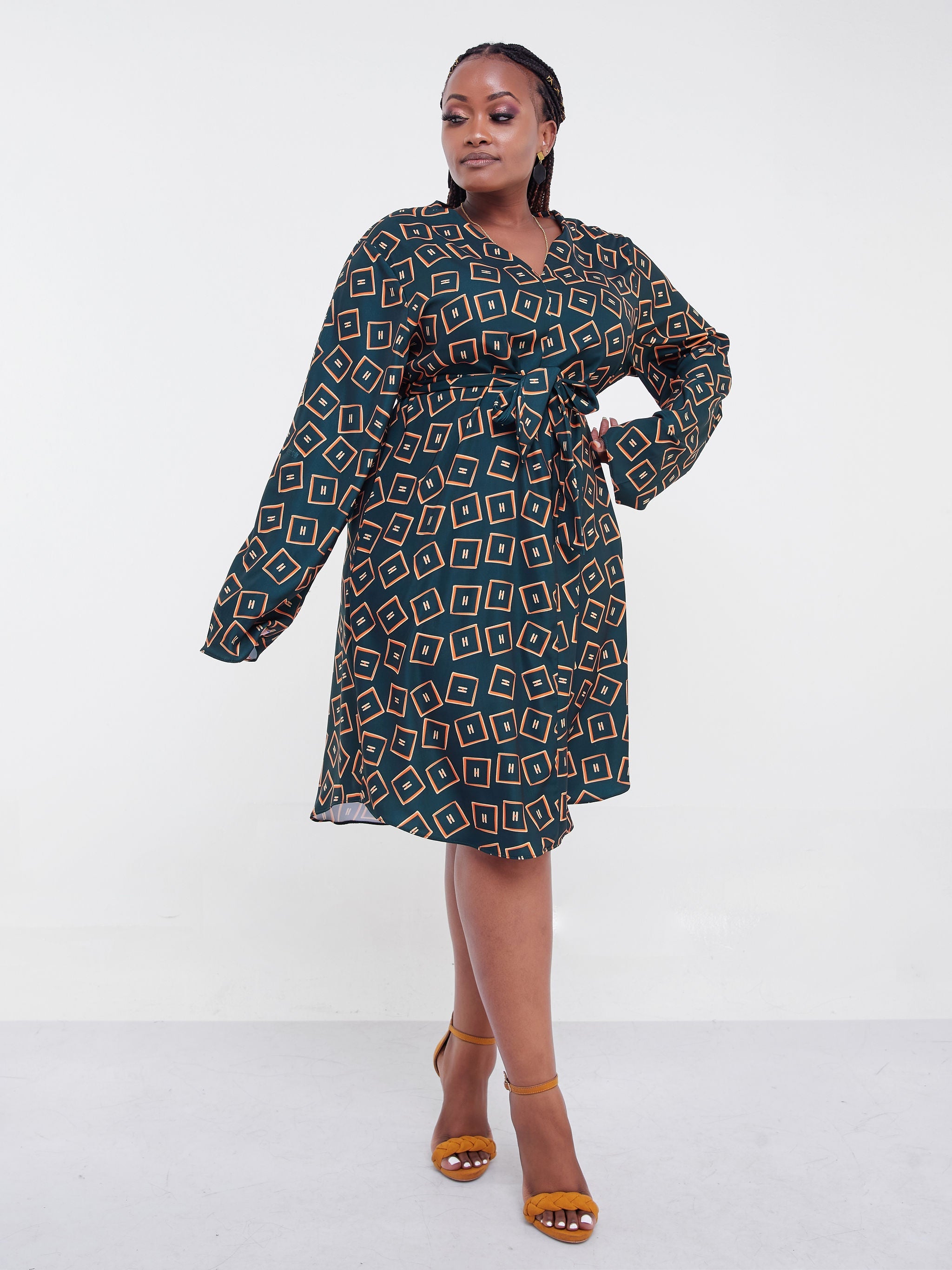 Vivo Jema V-Neck Shirt Dress - Dark Green Print