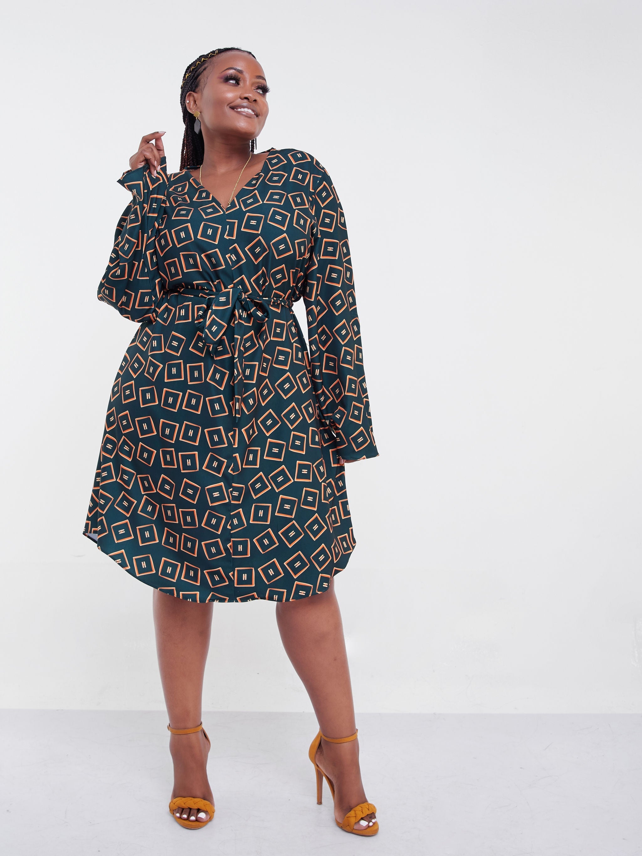 Vivo Jema V-Neck Shirt Dress - Dark Green Print