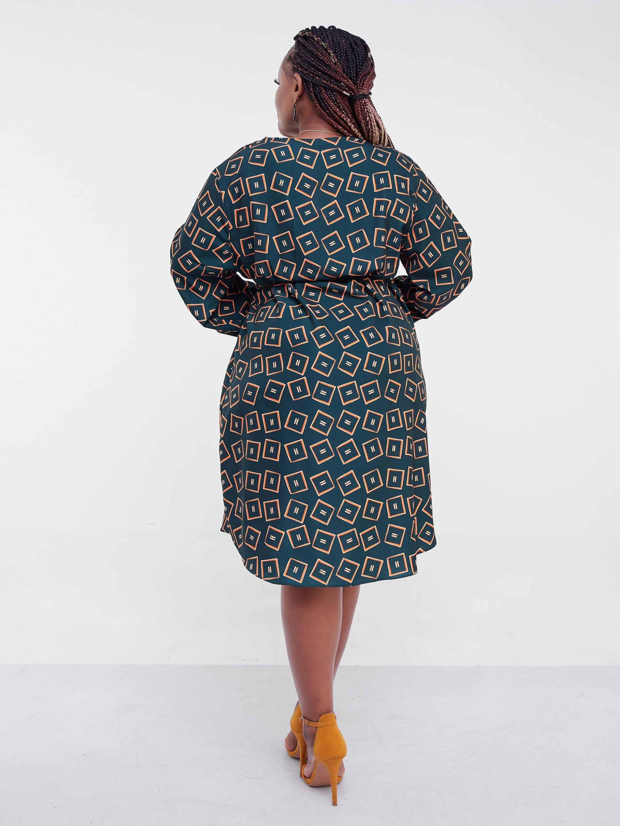 Vivo Jema V-Neck Shirt Dress - Dark Green Print