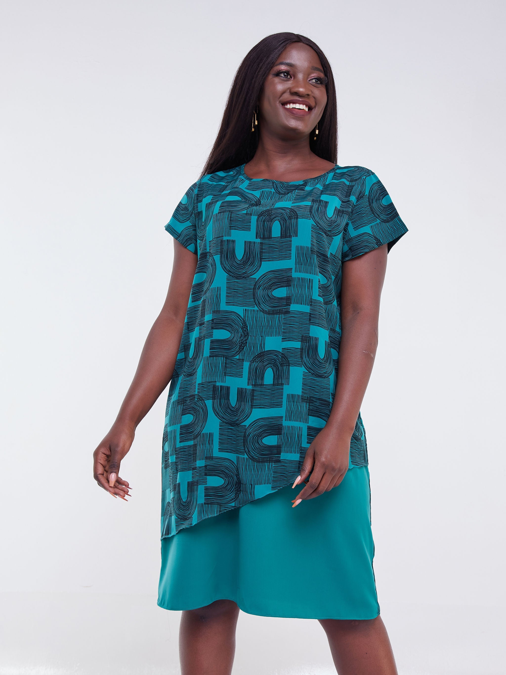 Vivo Jasiri Cap Sleeve Layered Shift Dress - Green / Black Print