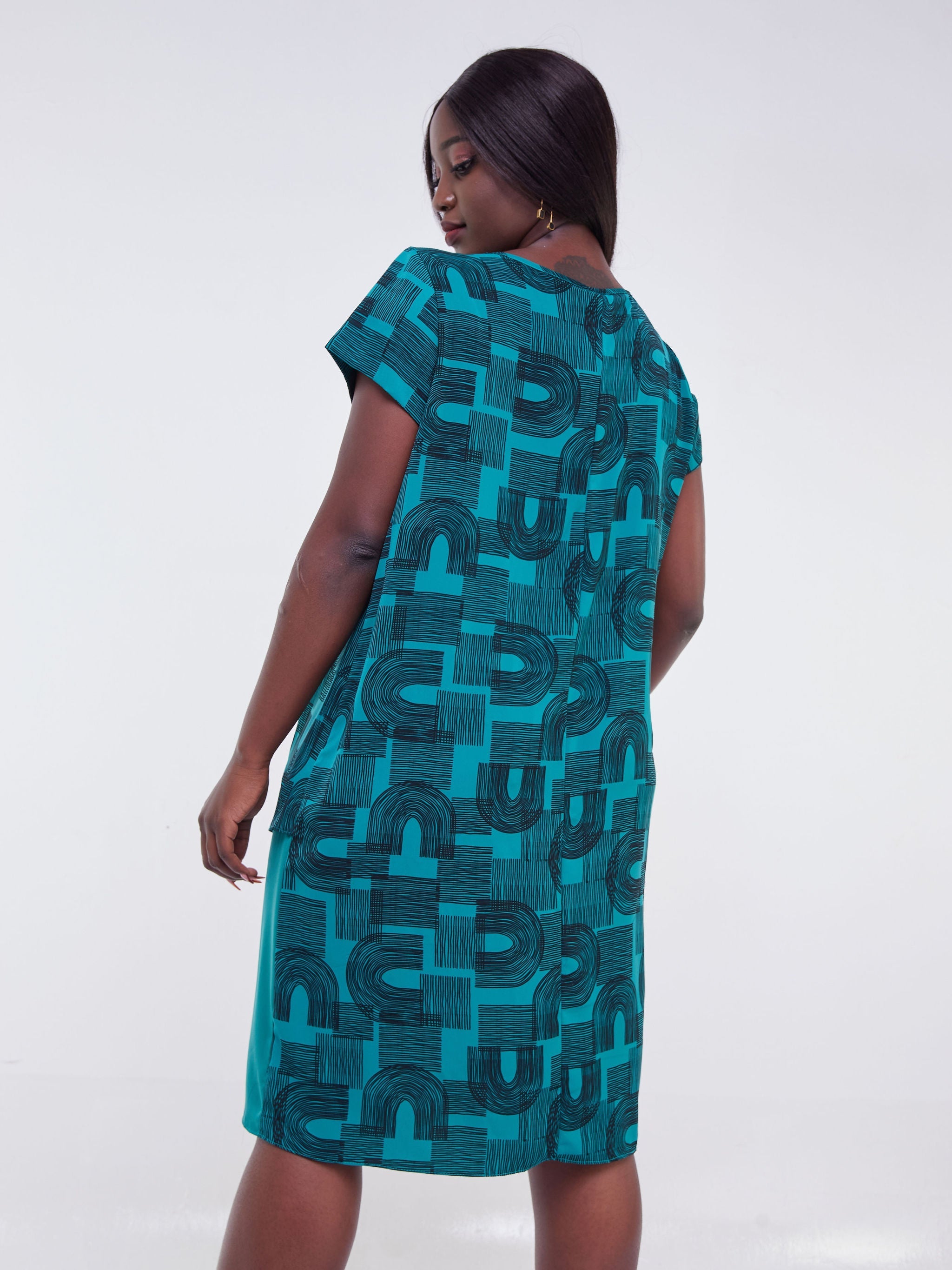 Vivo Jasiri Cap Sleeve Layered Shift Dress - Green / Black Print