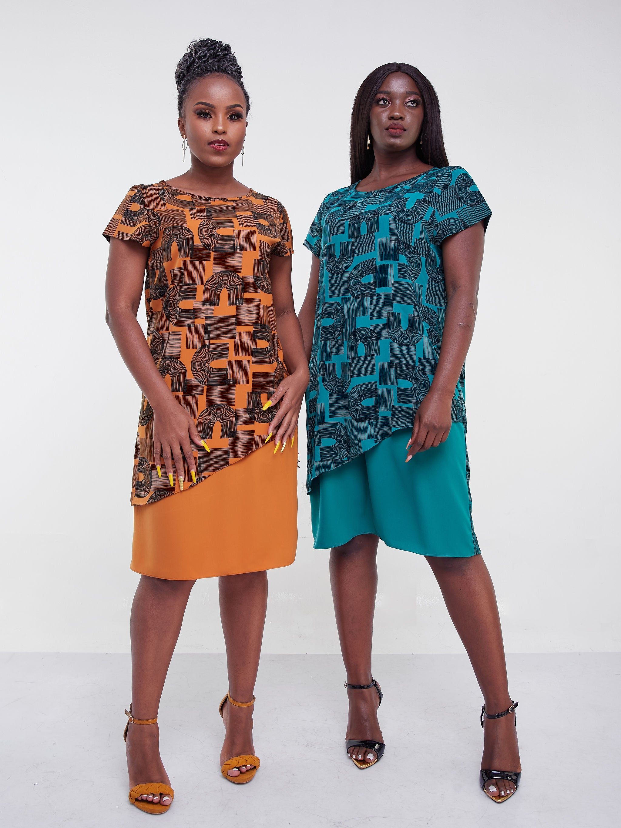 Vivo Jasiri Cap Sleeve Layered Shift Dress - Green / Black Print