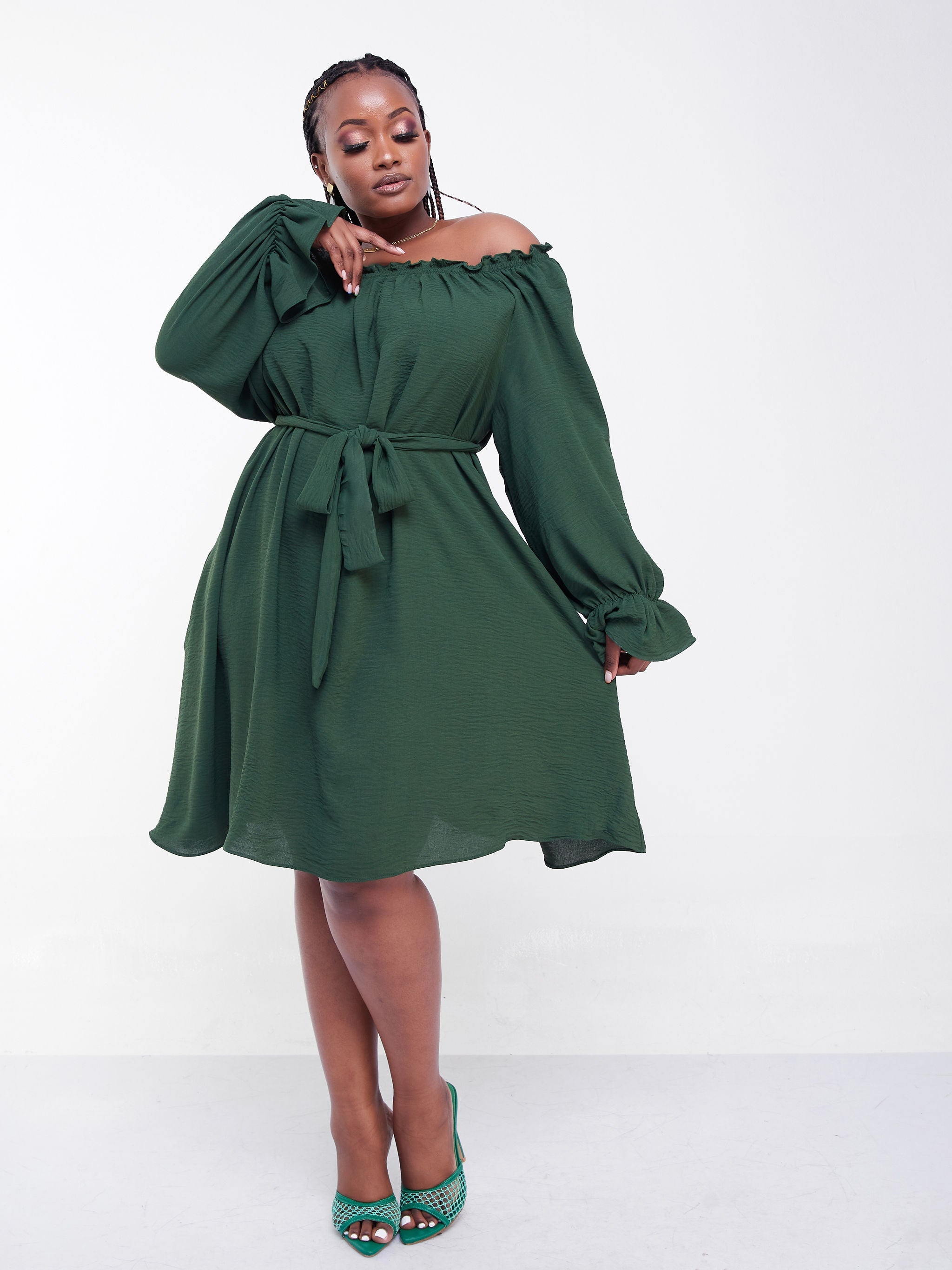 Vivo Jema Off Shoulder Tent Knee Length Dress - Green