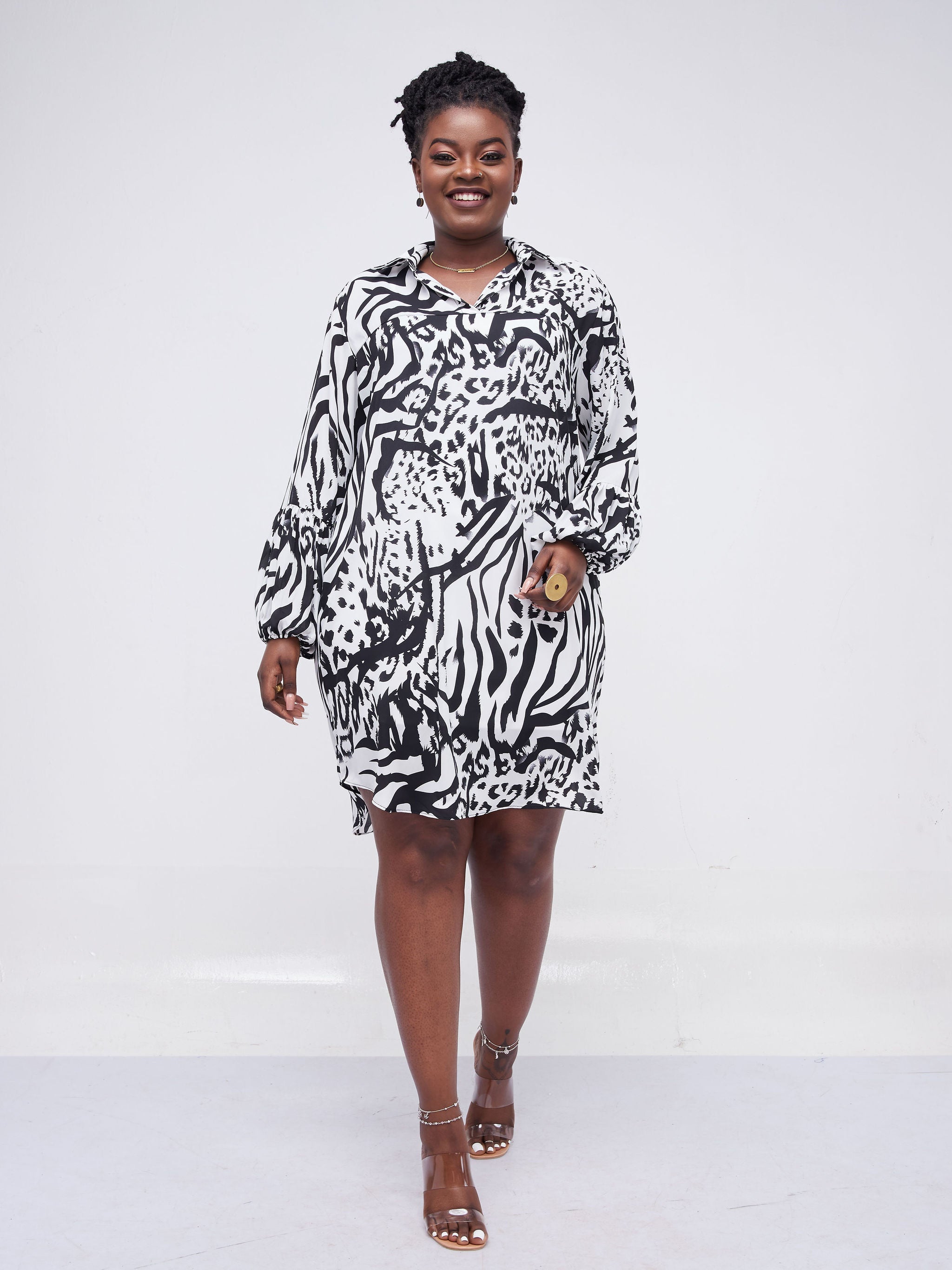 Safari Kaya Bishop Panel Long Sleeve Knee Length Shirt Dress - Black / White print