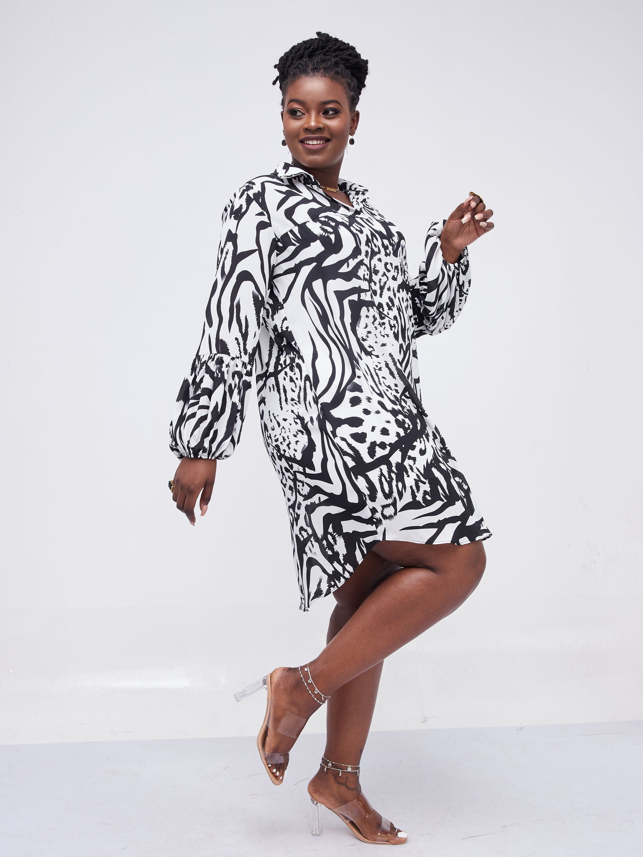 Safari Kaya Bishop Panel Long Sleeve Knee Length Shirt Dress - Black / White print