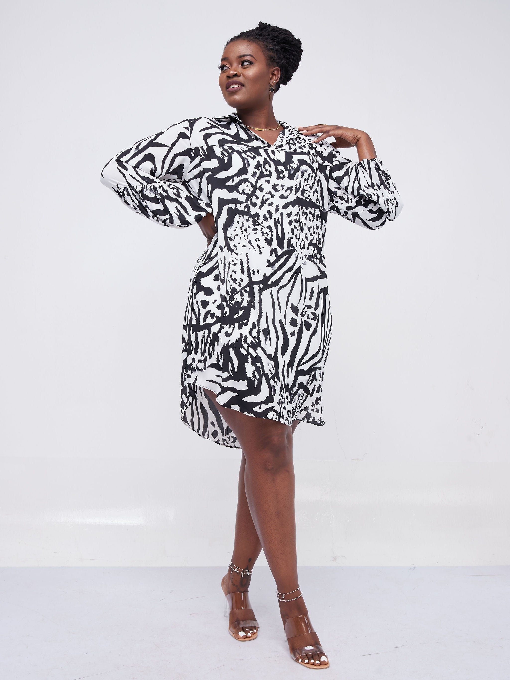 Safari Kaya Bishop Panel Long Sleeve Knee Length Shirt Dress - Black / White print