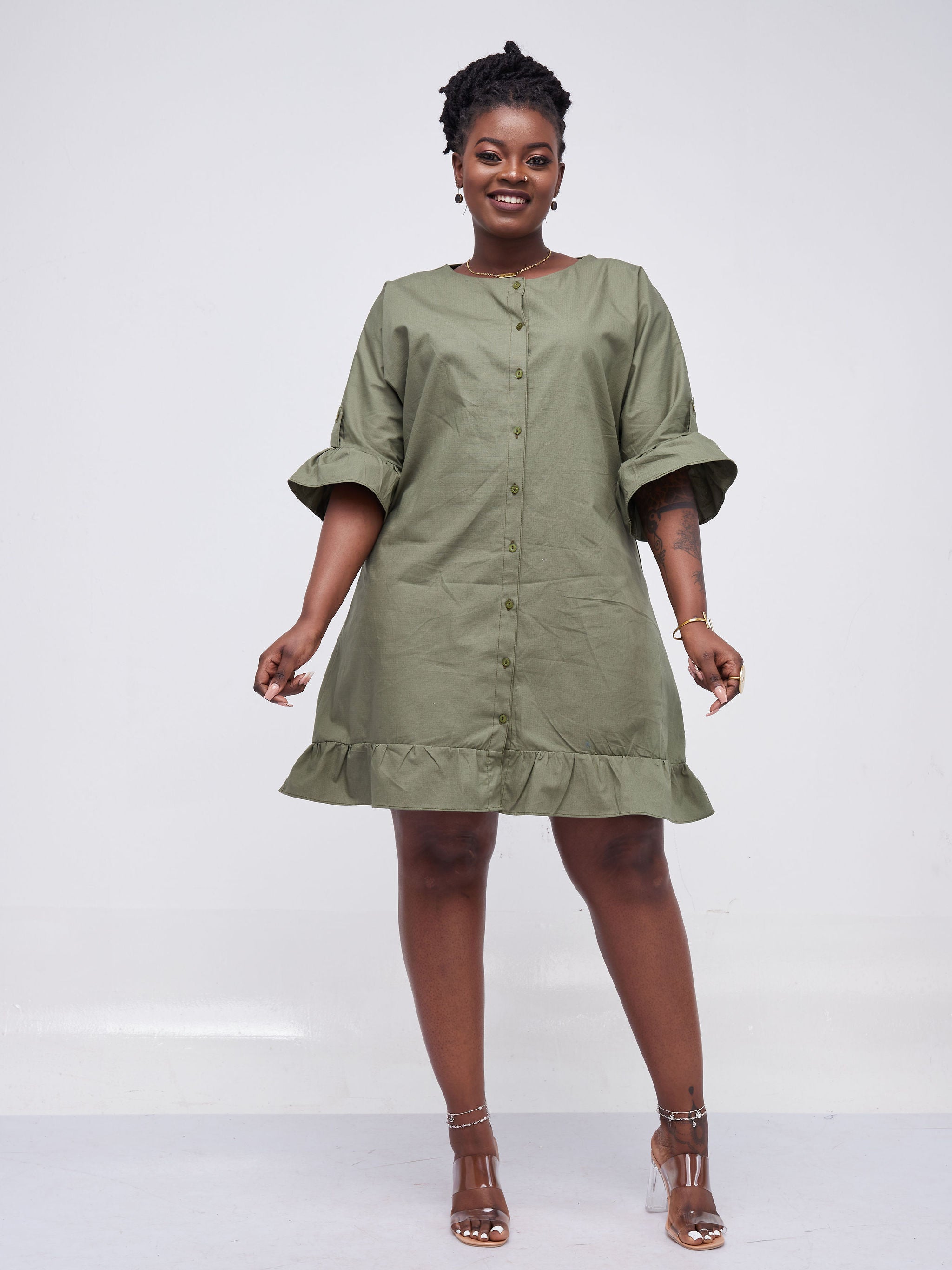 Safari Kaya Flounce Knee Length Dress - Olive Green