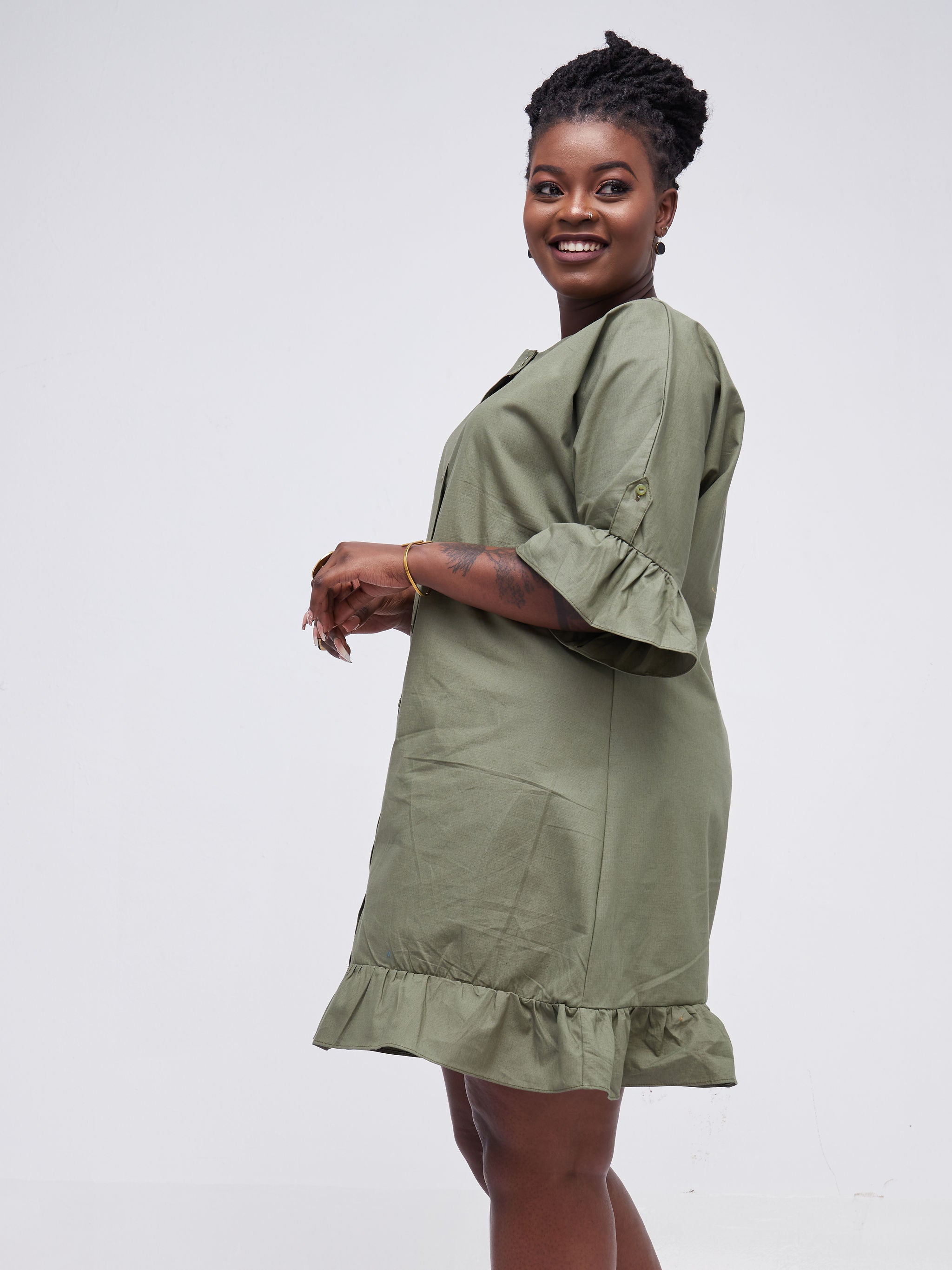 Safari Kaya Flounce Knee Length Dress - Olive Green