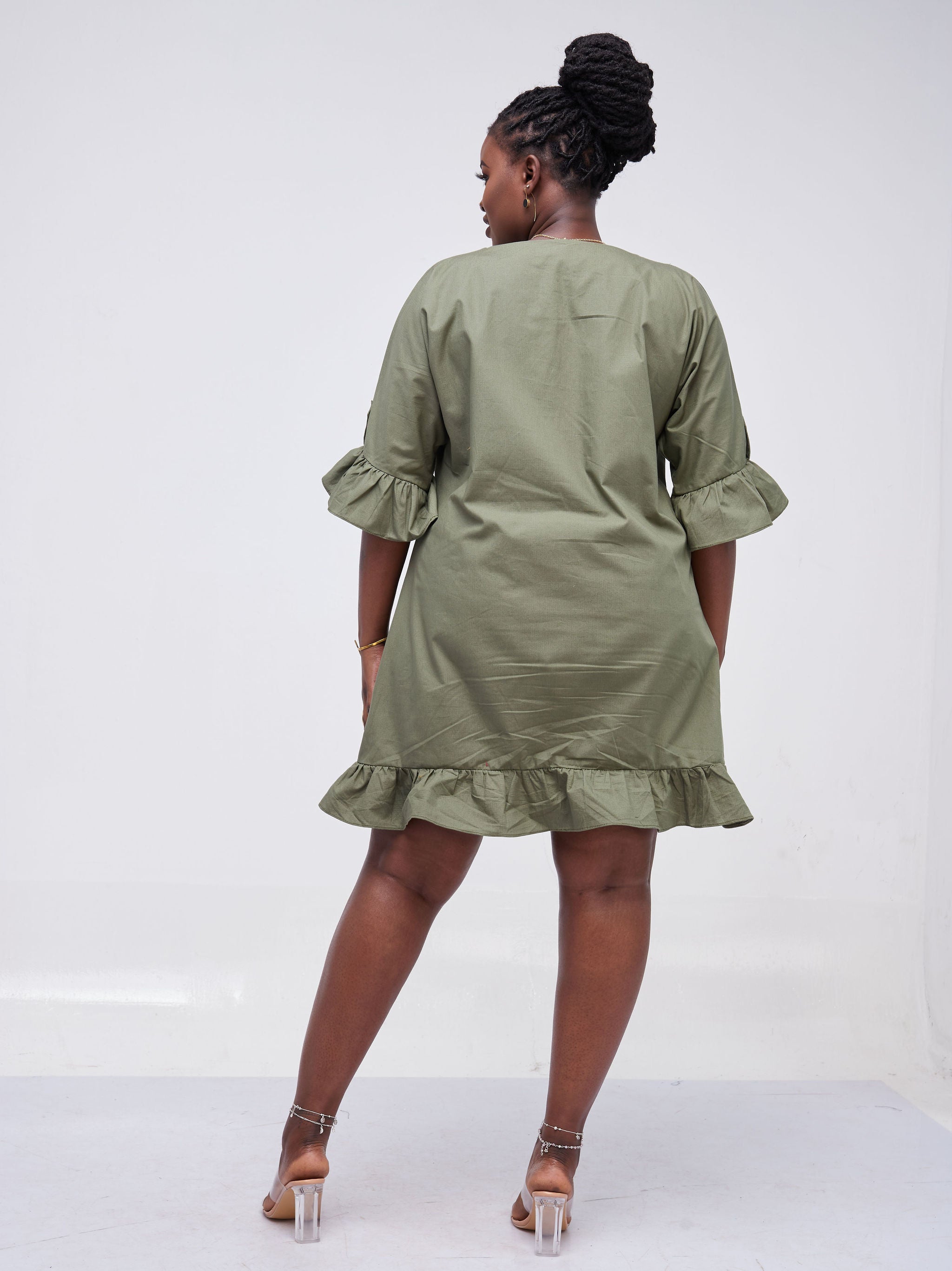 Safari Kaya Flounce Knee Length Dress - Olive Green