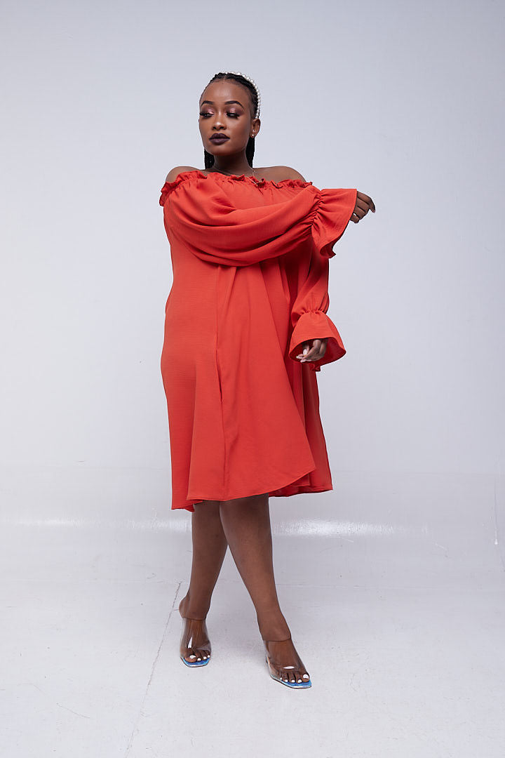 Vivo Jema Off Shoulder Tent Knee Length Dress -  Orange