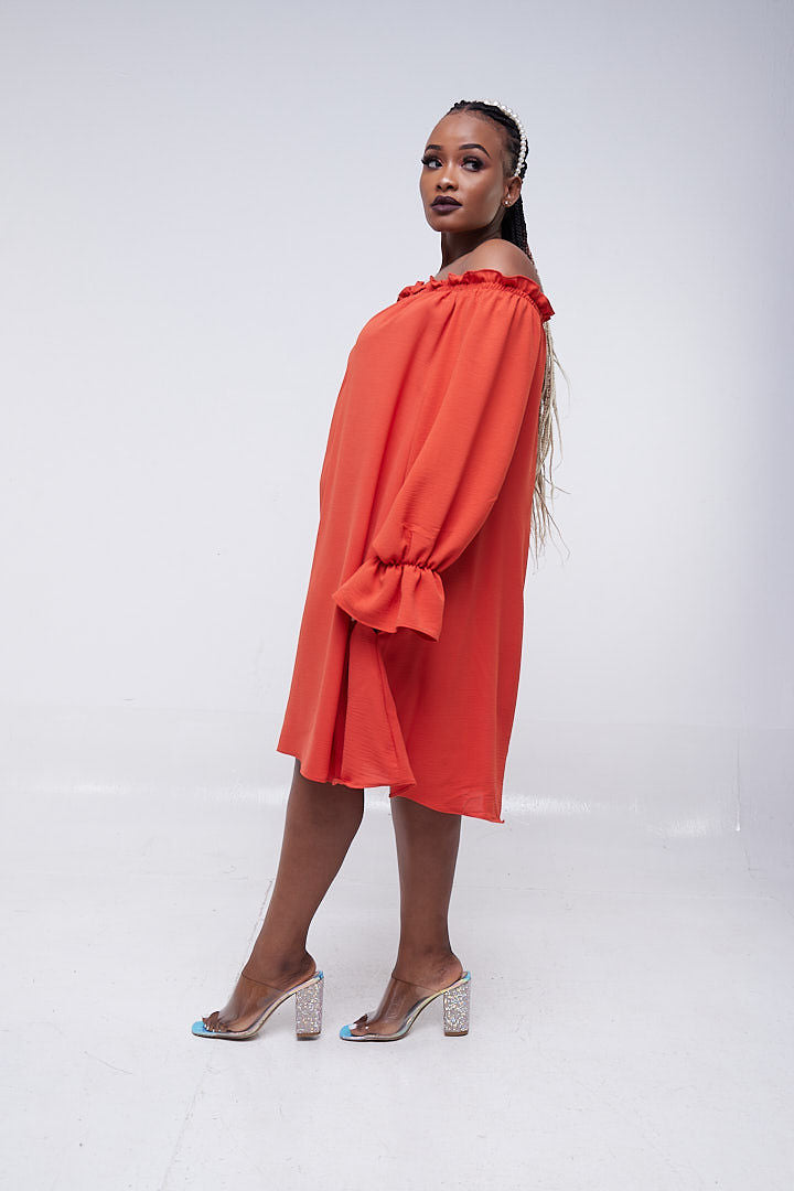 Vivo Jema Off Shoulder Tent Knee Length Dress -  Orange