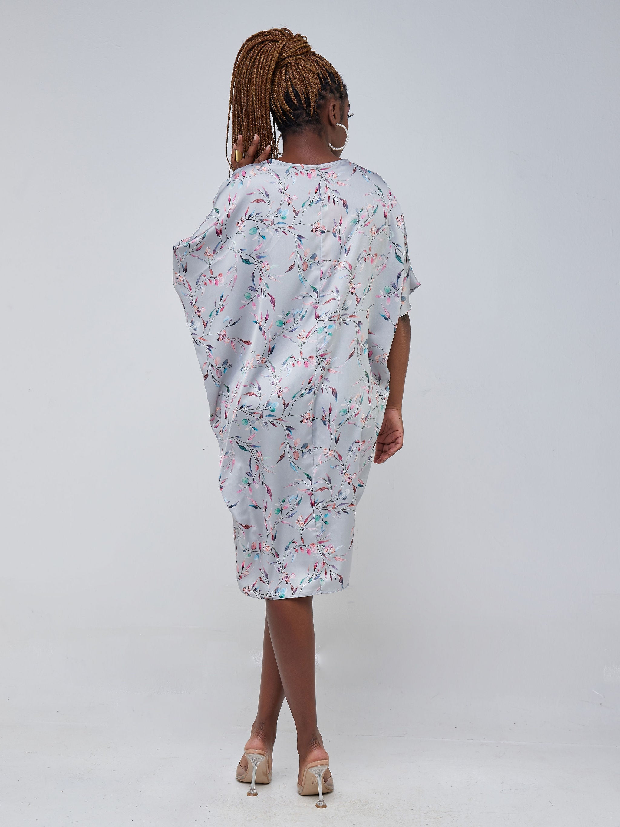 Vivo Thando Dolman Knee Length Dress - Grey / Orange Floral Print