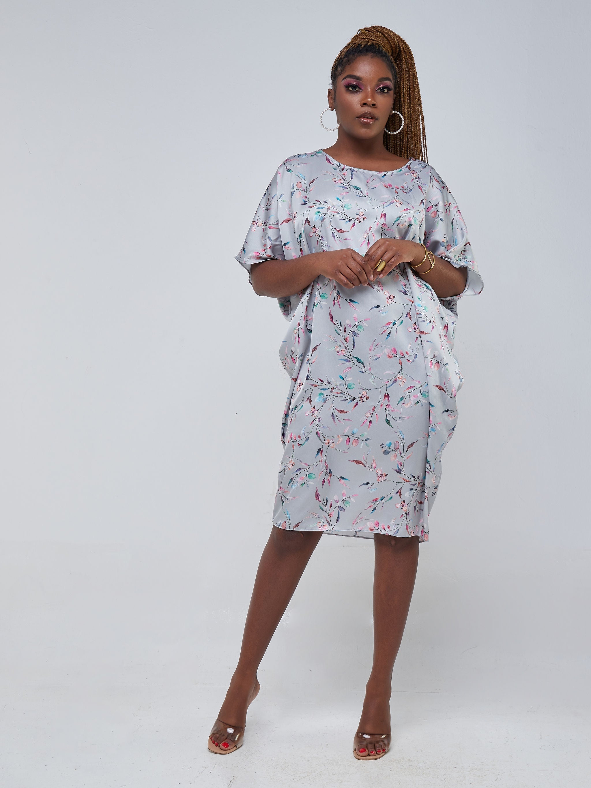 Vivo Thando Dolman Knee Length Dress - Grey / Orange Floral Print