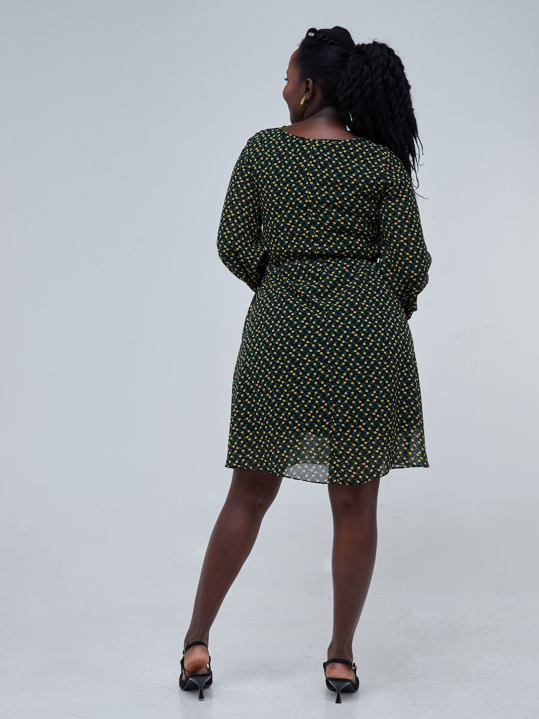 Vivo Basic Ayo Bishop Sleeve Dress - Yellow / Green Floral Print