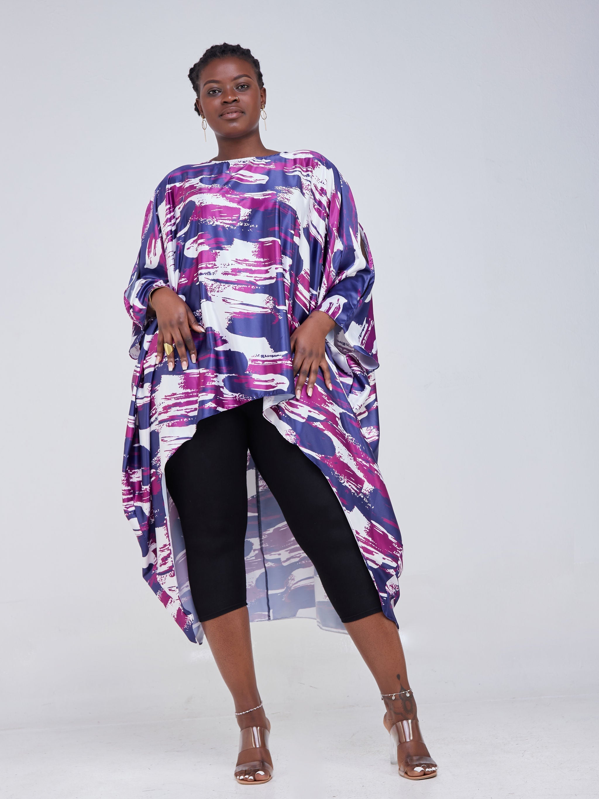 Vivo Lani Satin High-Low Dress - Purple / Navy Blue Abstract Print