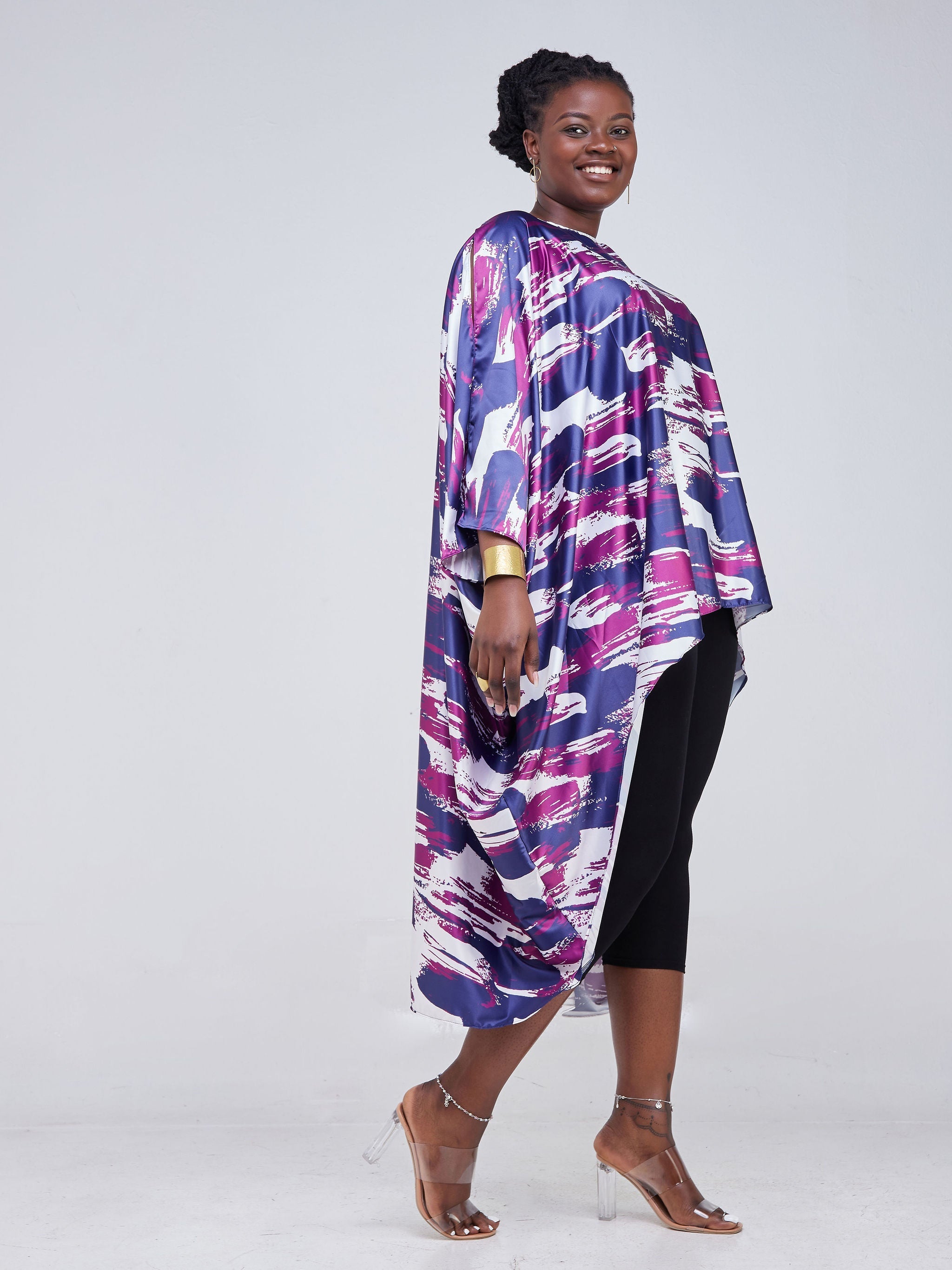 Vivo Lani Satin High-Low Dress - Purple / Navy Blue Abstract Print