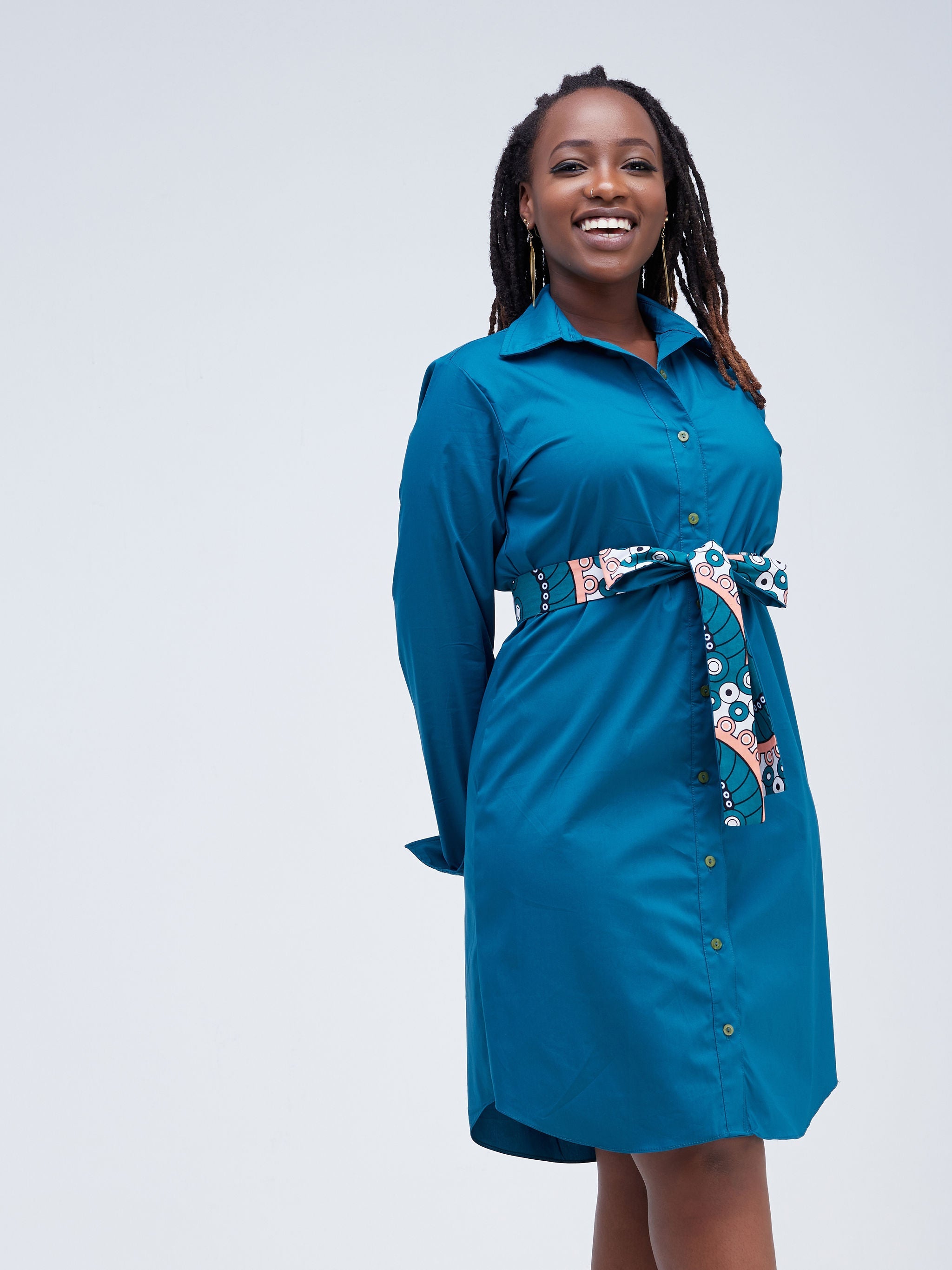 Safari Tawi A-Line Long Sleeve Shirt Dress - Teal