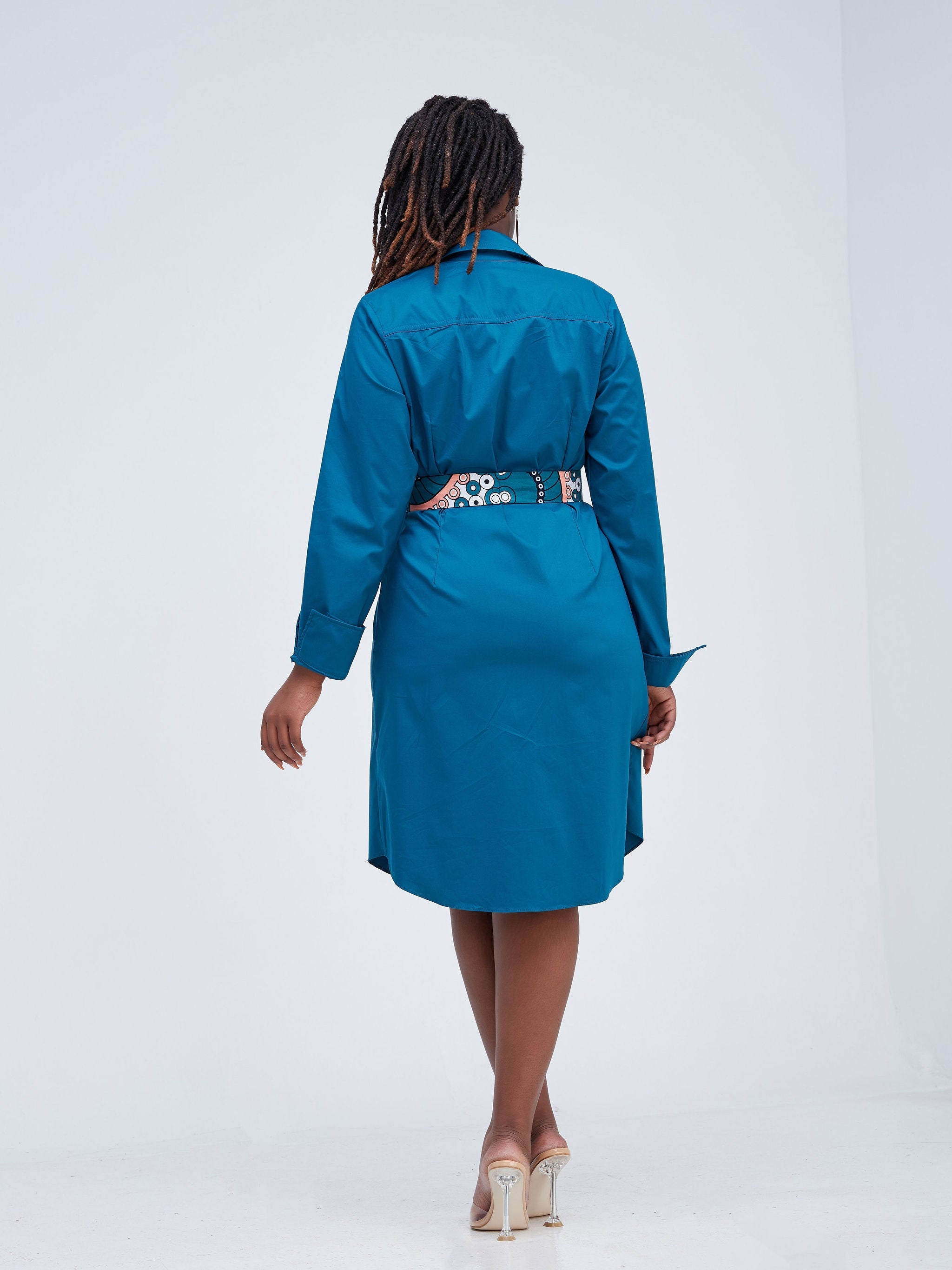 Safari Tawi A-Line Long Sleeve Shirt Dress - Teal