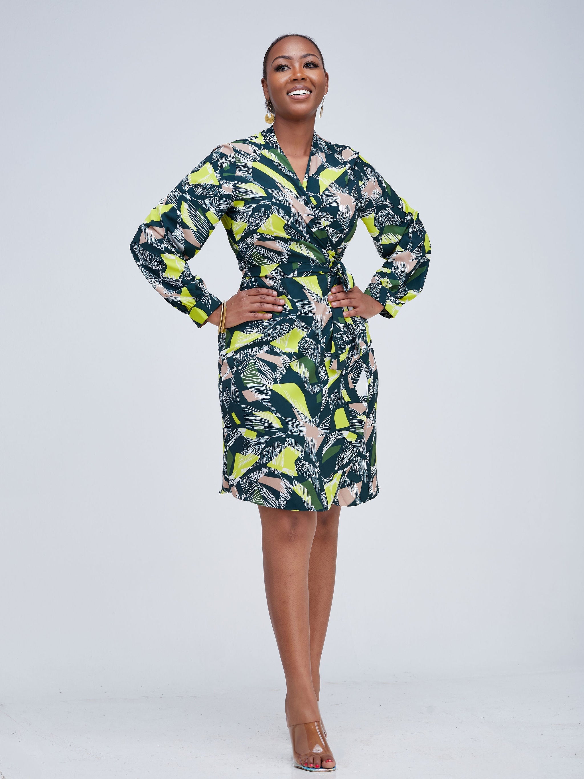 Vivo Zena Tulip Hem Wrap Dress - Green Print