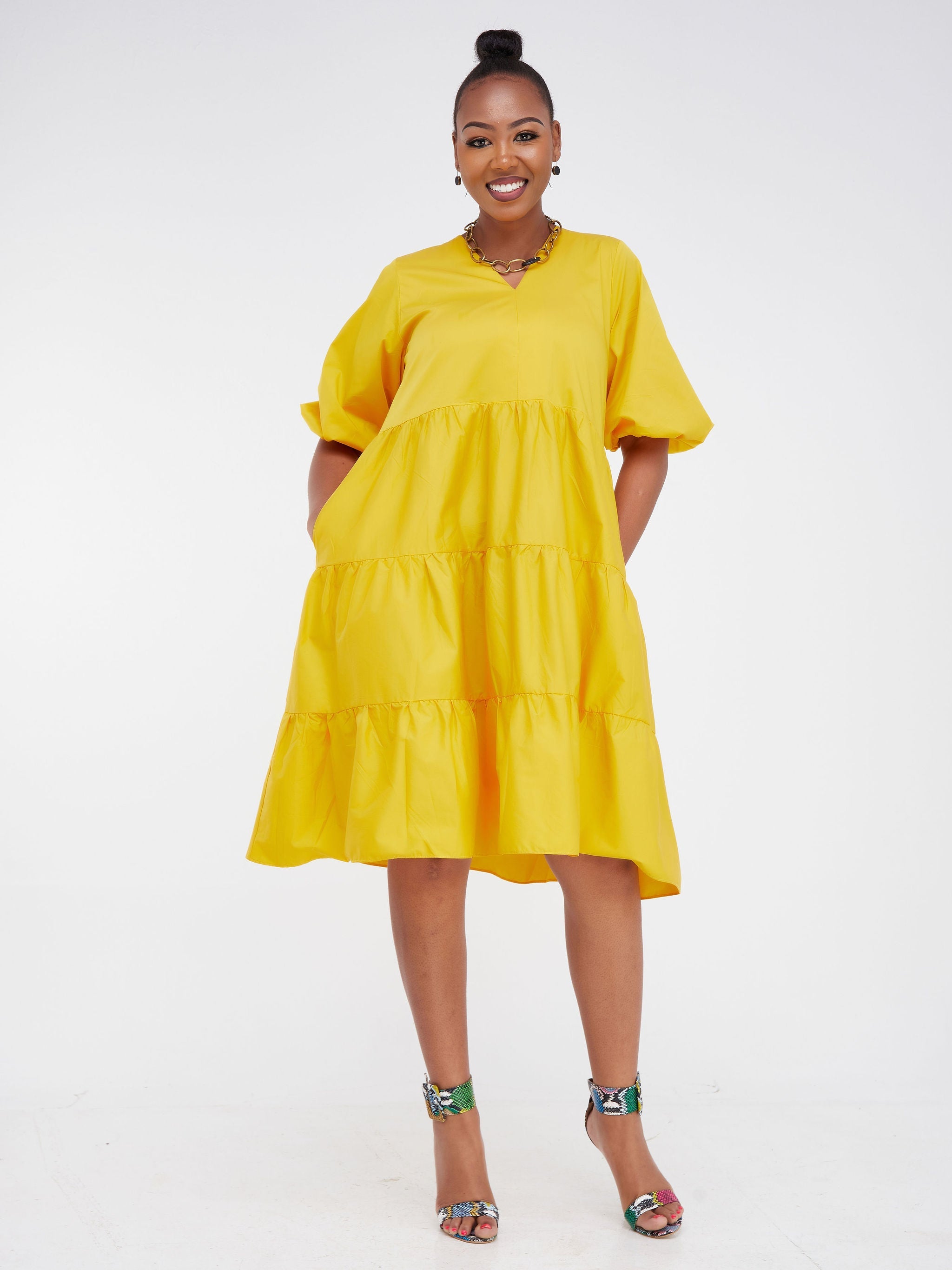 Safari Tawi Bishop Sleeve Tiered Dress - Mustard