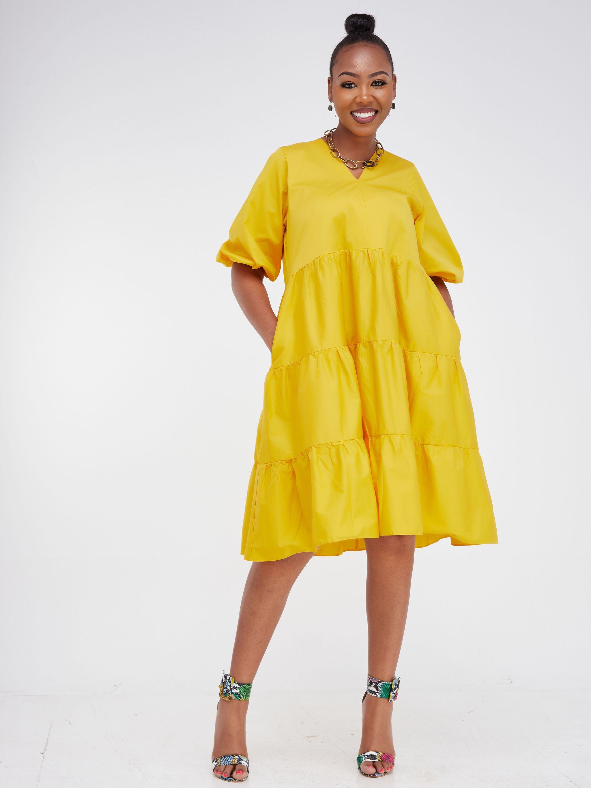 Safari Tawi Bishop Sleeve Tiered Dress - Mustard