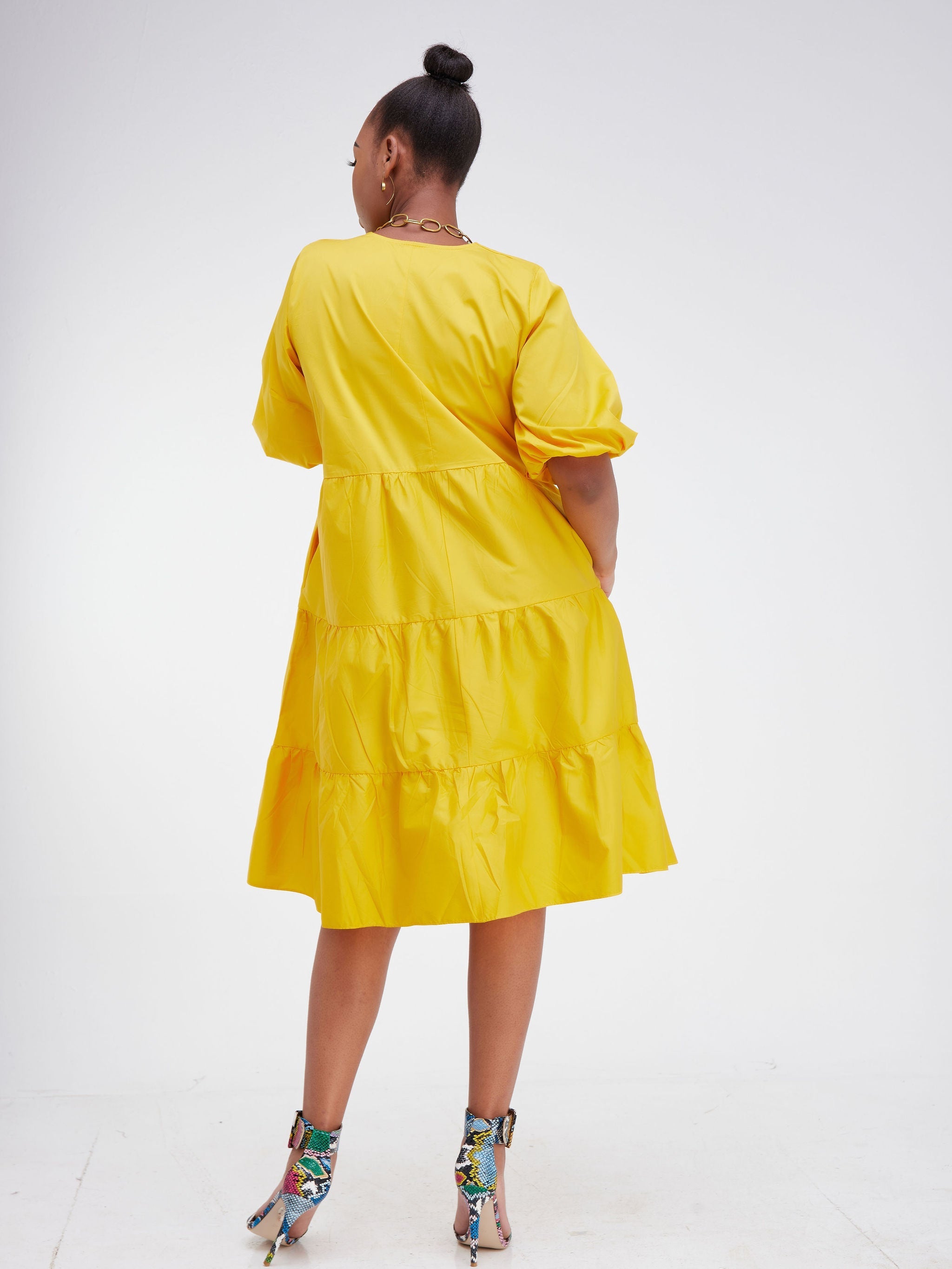 Safari Tawi Bishop Sleeve Tiered Dress - Mustard