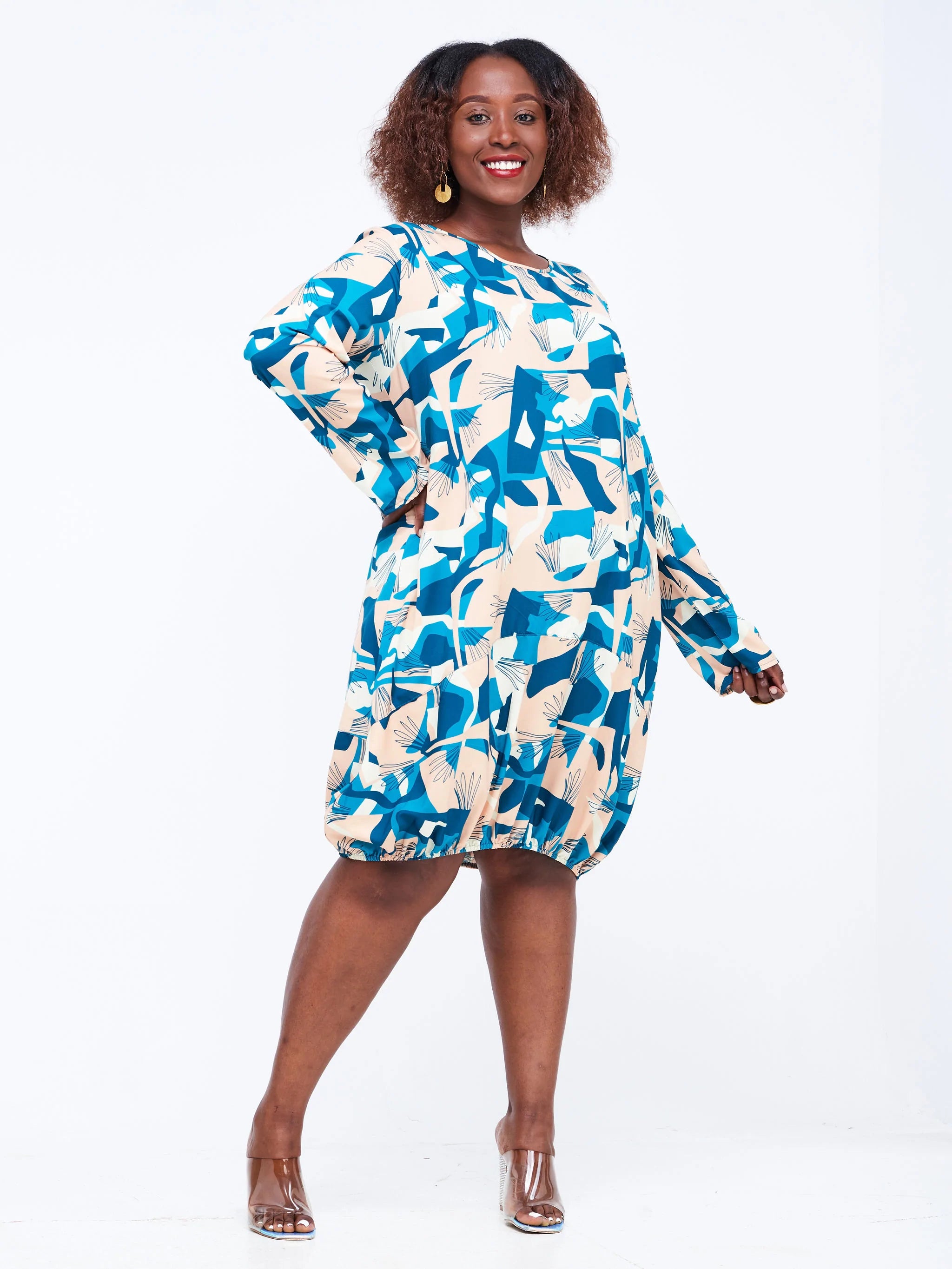 Vivo Wingu Long Sleeve Balloon Knee Length  Dress - Teal Abstract Print