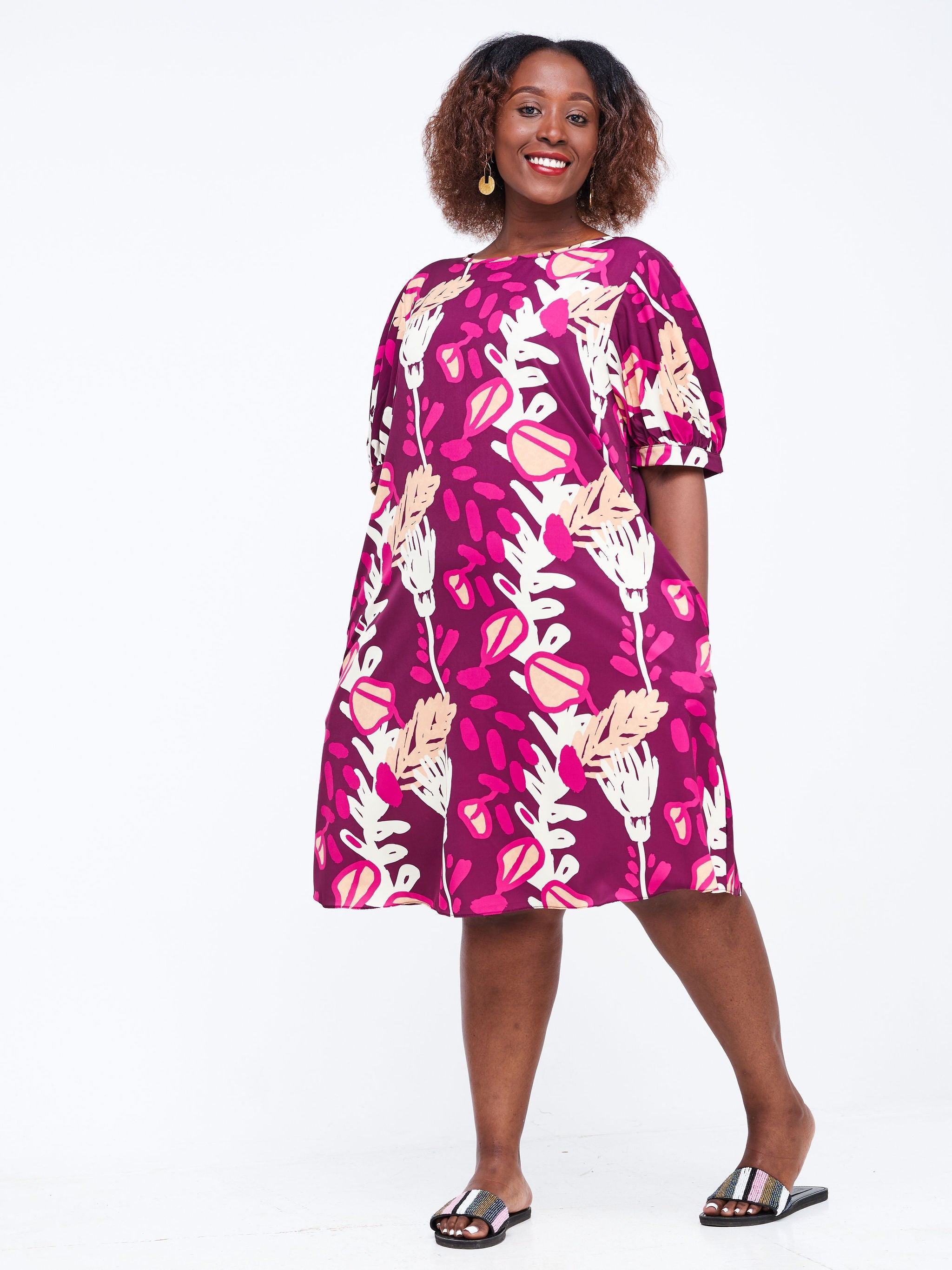 Vivo Wingu Puff Sleeve Knee Length Dress - Purple Abstract Print