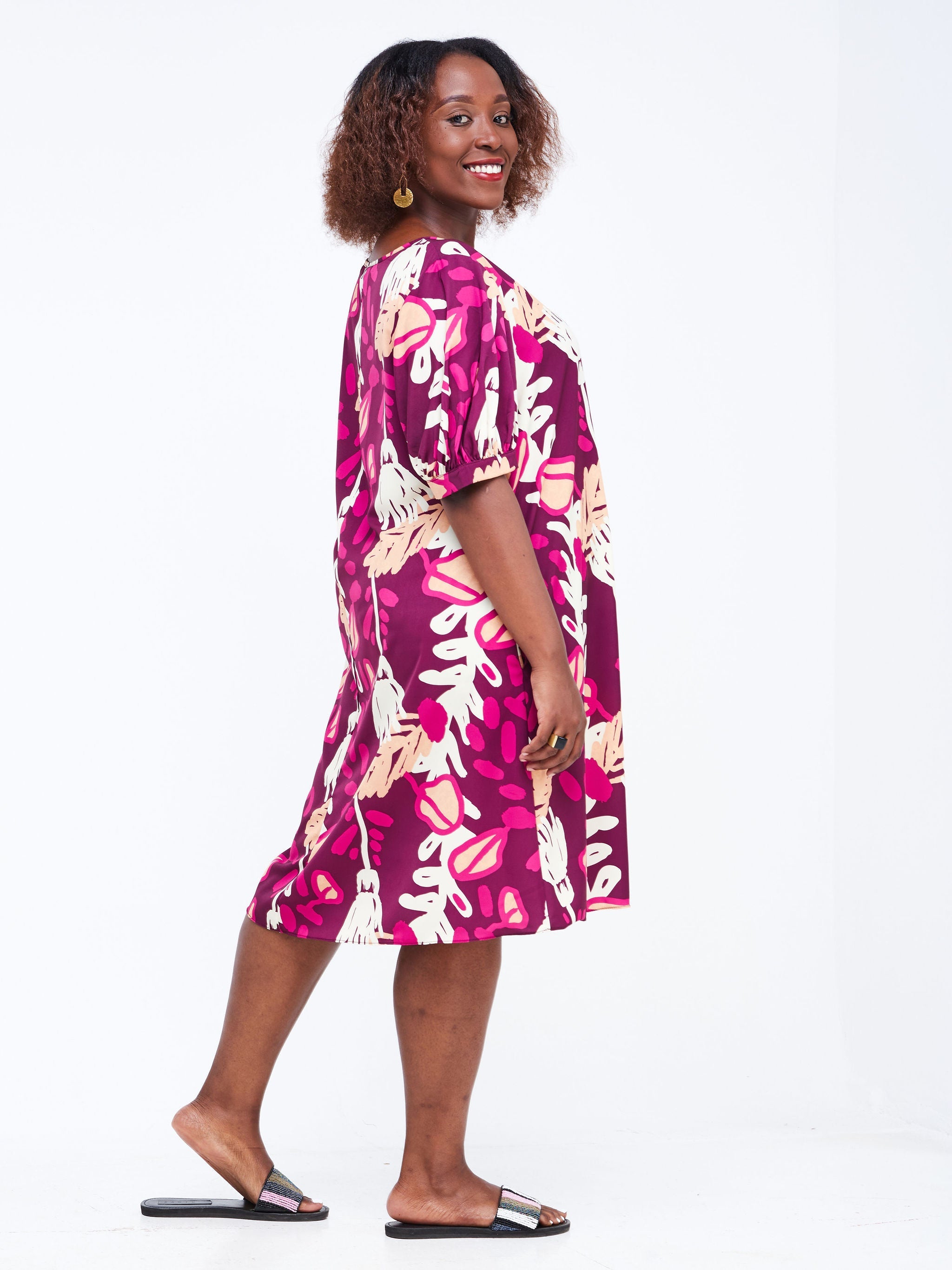 Vivo Wingu Puff Sleeve Knee Length Dress - Purple Abstract Print