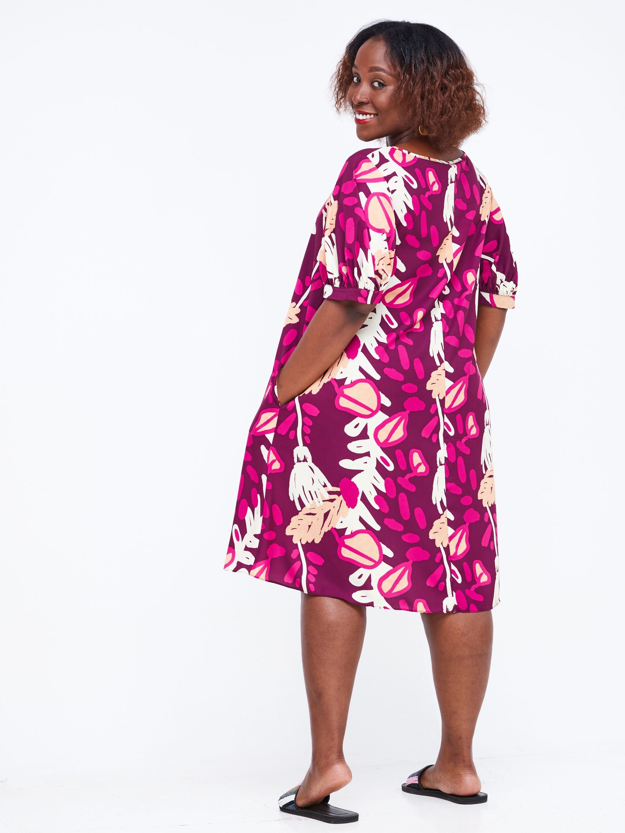 Vivo Wingu Puff Sleeve Knee Length Dress - Purple Abstract Print