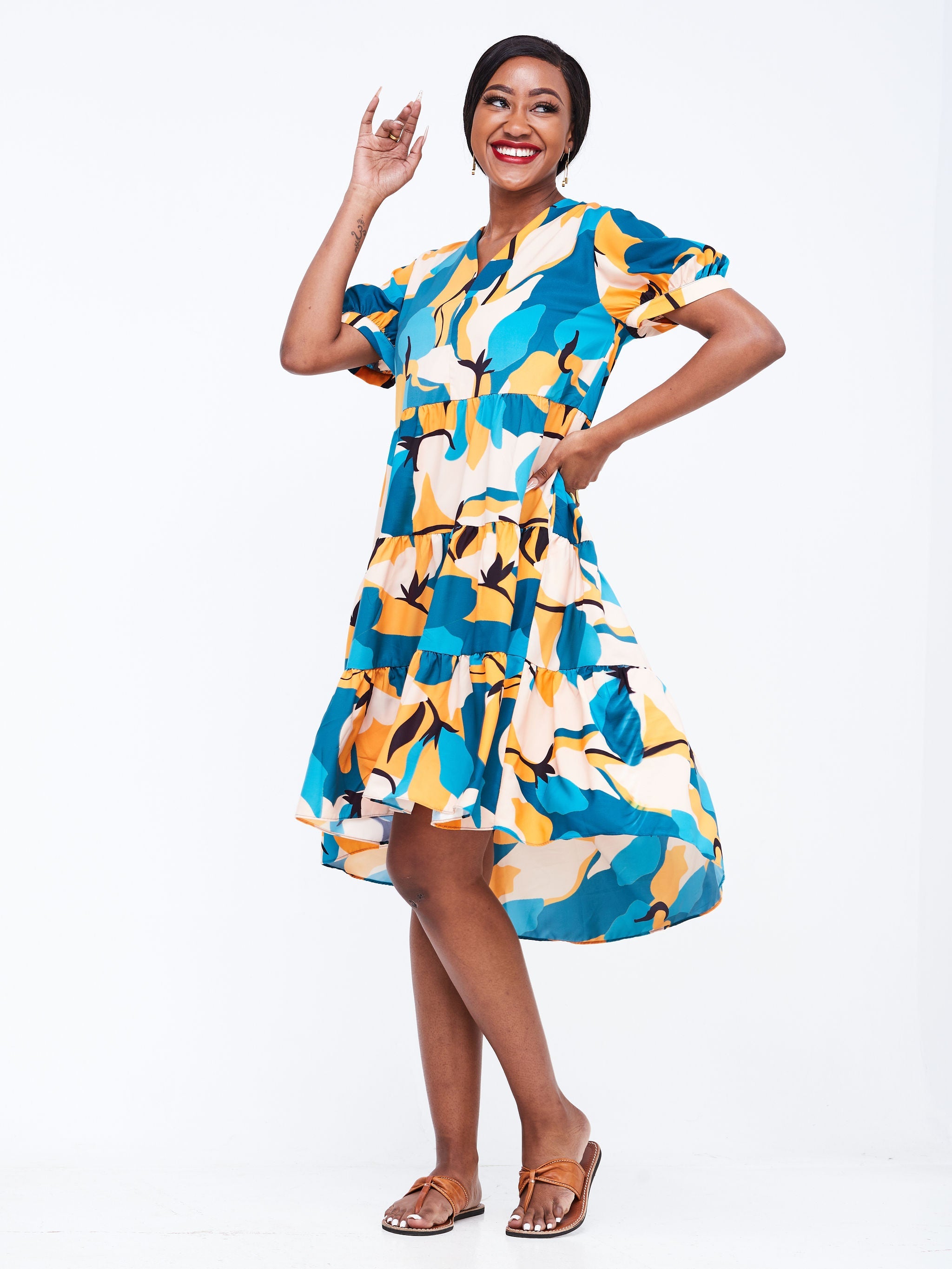 Vivo Wingu Three Tiered Knee Length Dress - Teal / Orange Floral Print