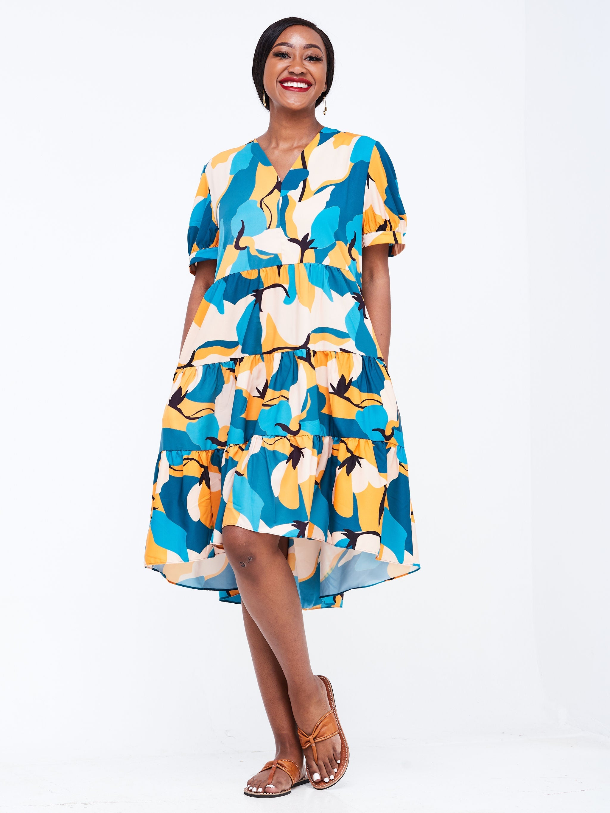 Vivo Wingu Three Tiered Knee Length Dress - Teal / Orange Floral Print