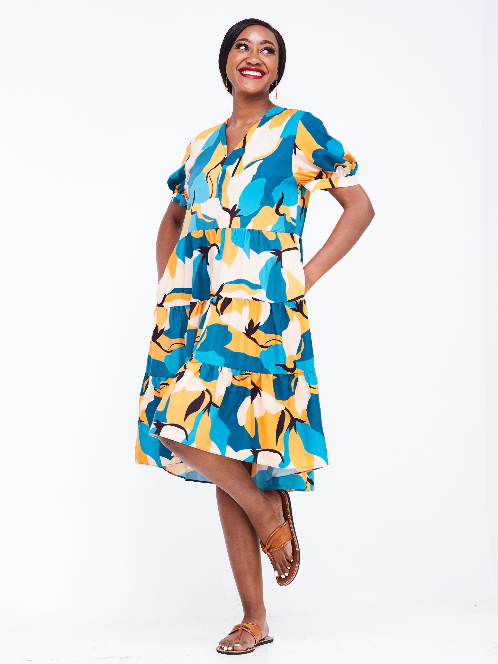 Vivo Wingu Three Tiered Knee Length Dress - Teal / Orange Floral Print