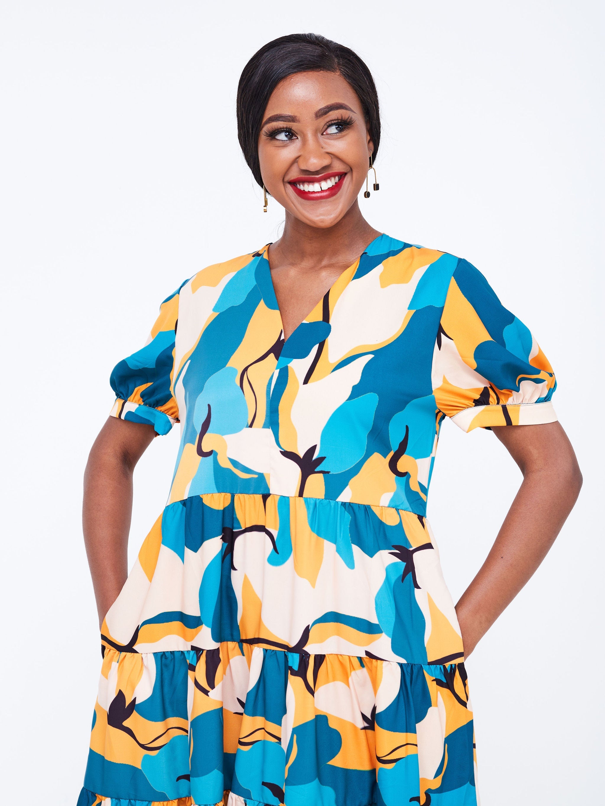 Vivo Wingu Three Tiered Knee Length Dress - Teal / Orange Floral Print