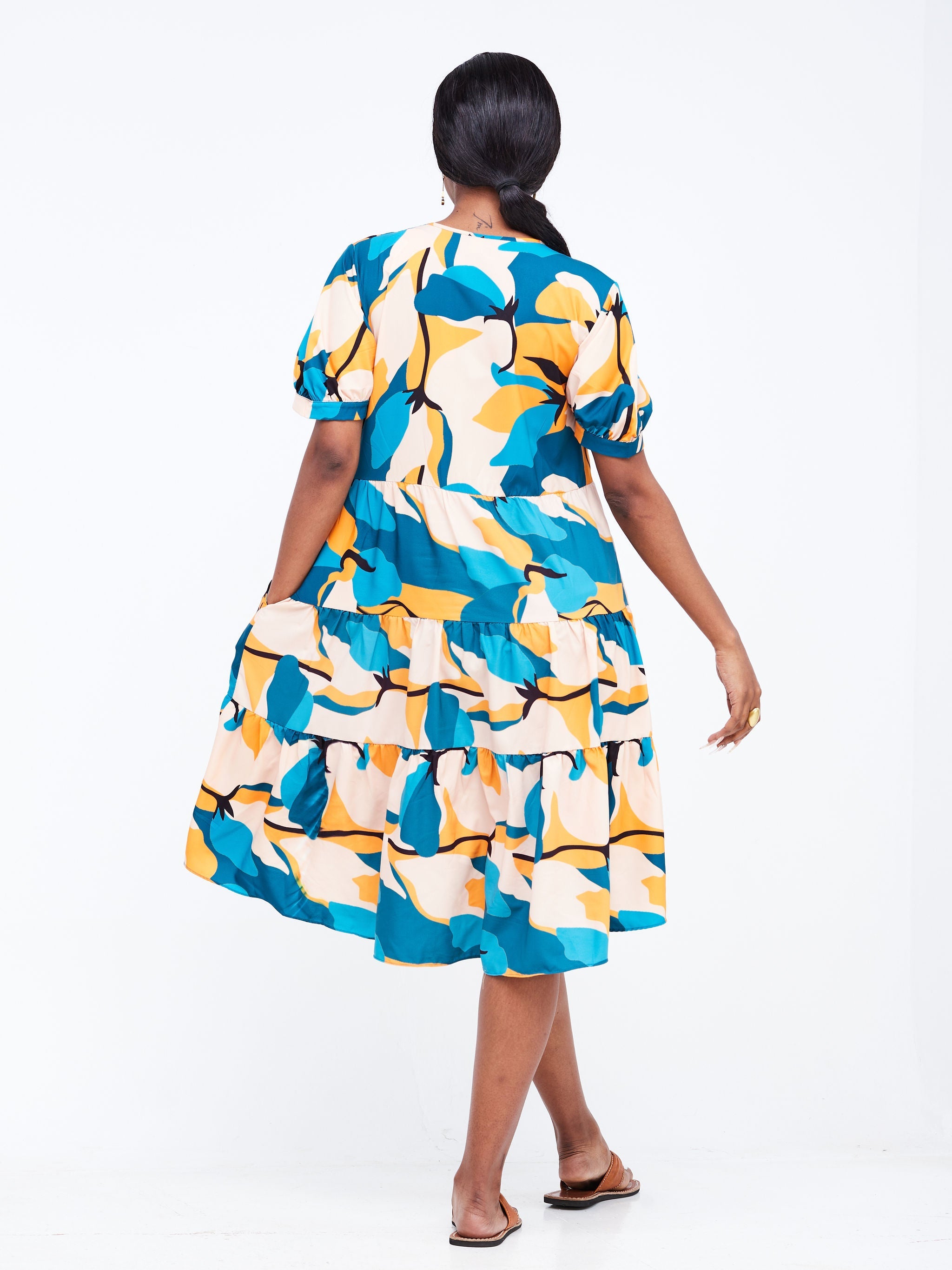 Vivo Wingu Three Tiered Knee Length Dress - Teal / Orange Floral Print