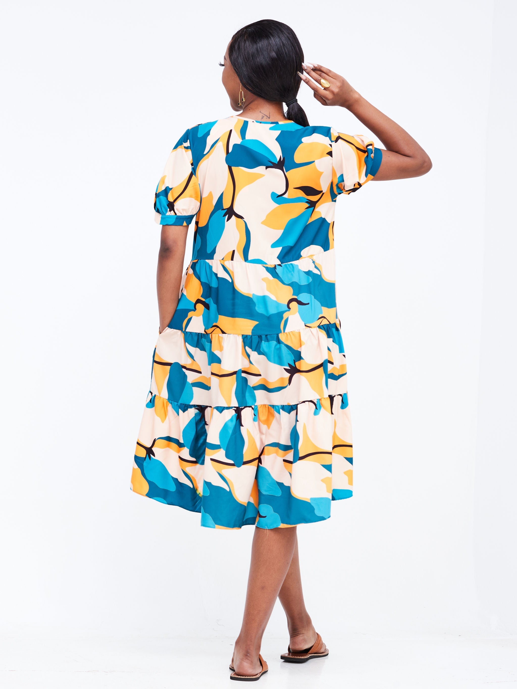 Vivo Wingu Three Tiered Knee Length Dress - Teal / Orange Floral Print