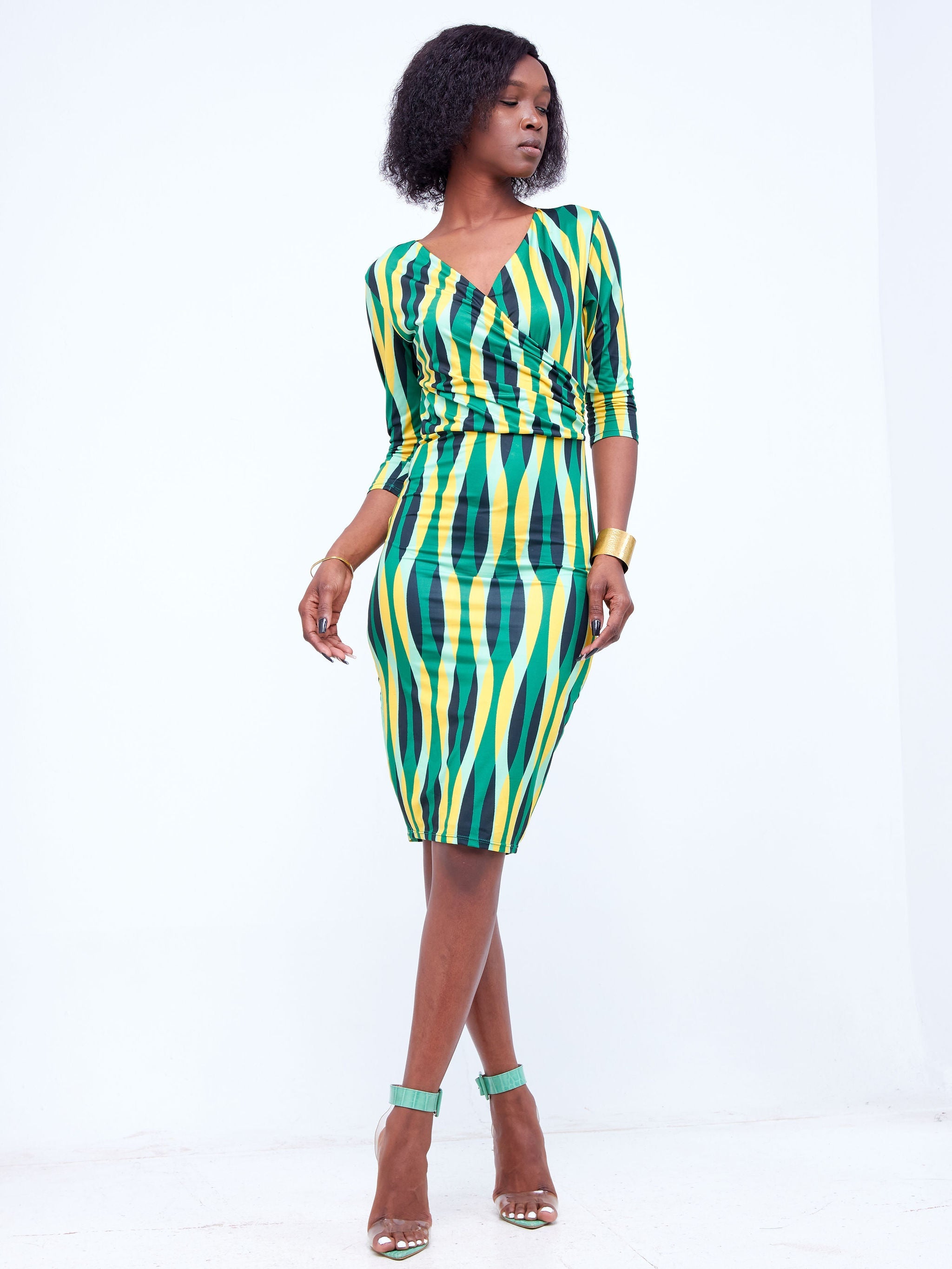 Vivo  Imali Faux Wrap Dress - Green / Yellow Abstract Print