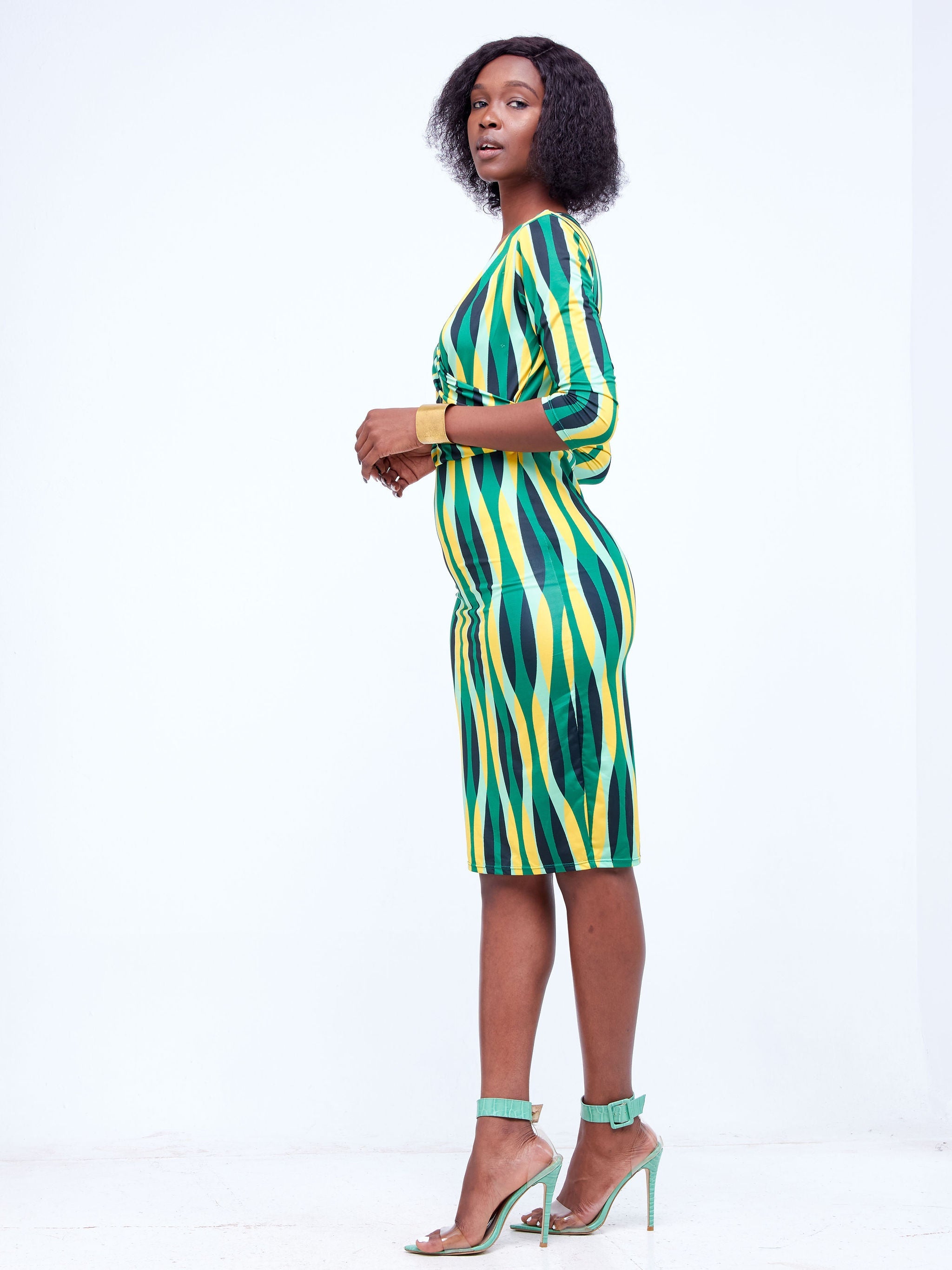 Vivo  Imali Faux Wrap Dress - Green / Yellow Abstract Print