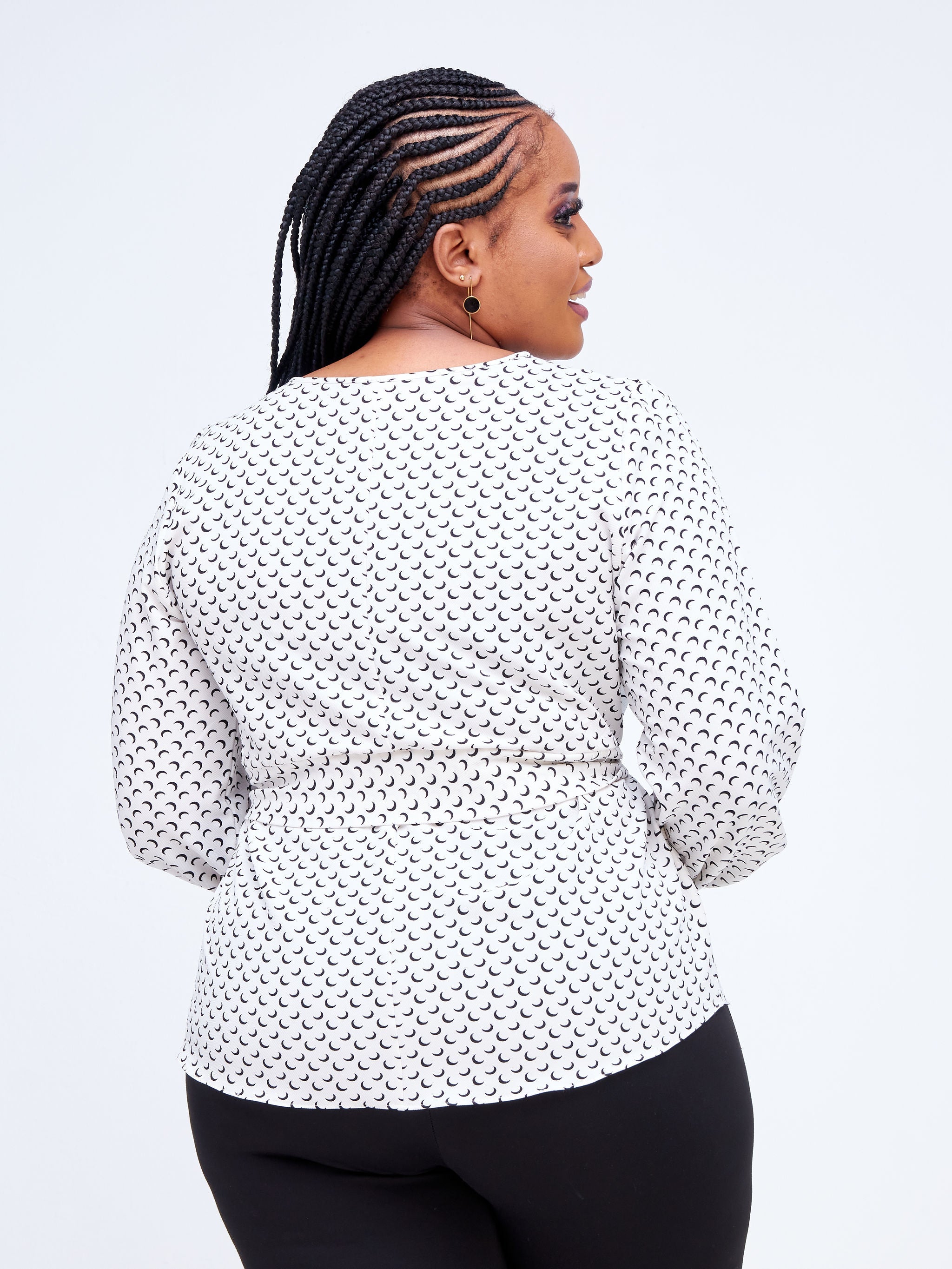 Vivo Imali Bishop Sleeve Waist Tie Top - White / Black Geometric Print