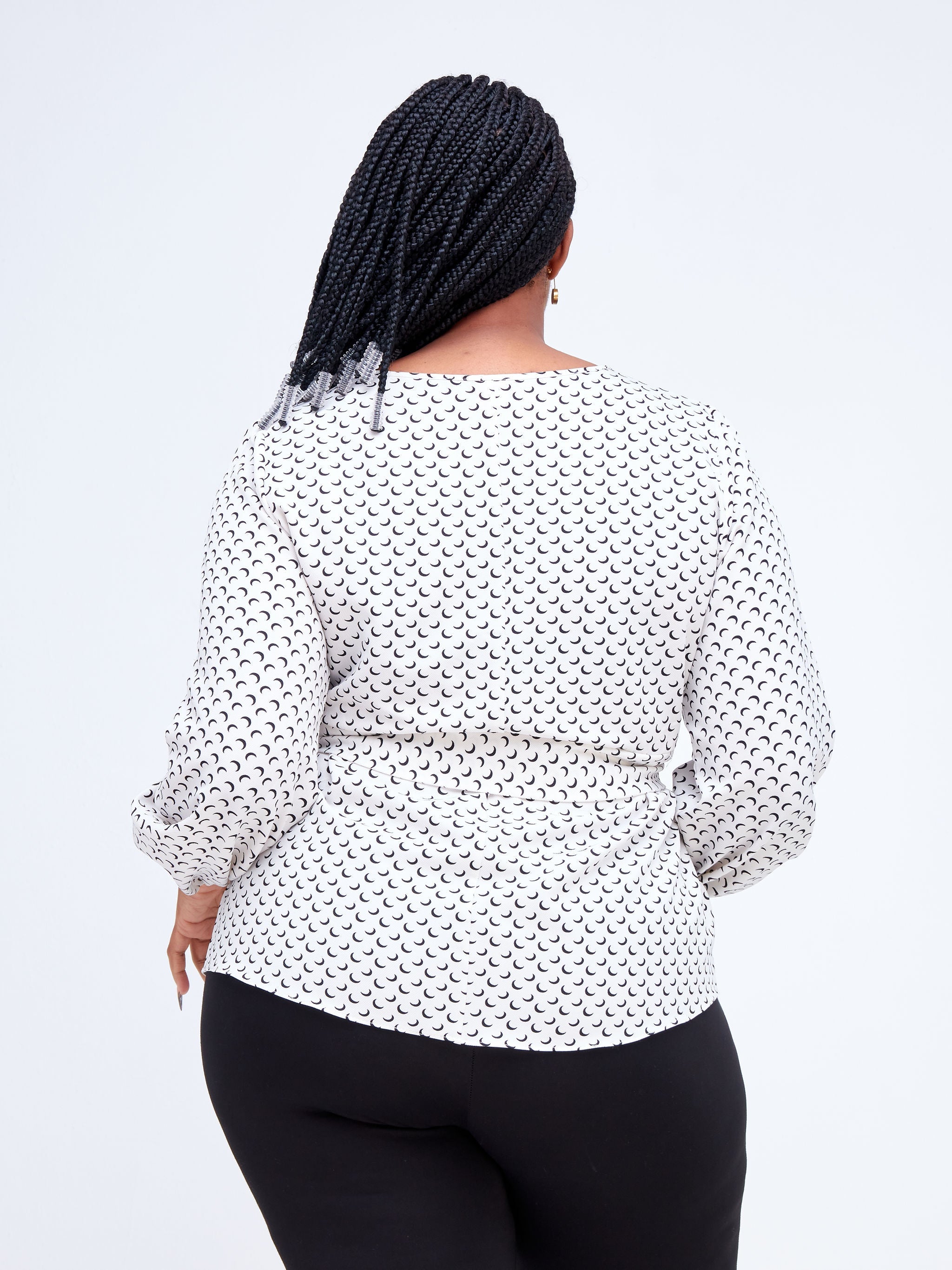 Vivo Imali Bishop Sleeve Waist Tie Top - White / Black Geometric Print