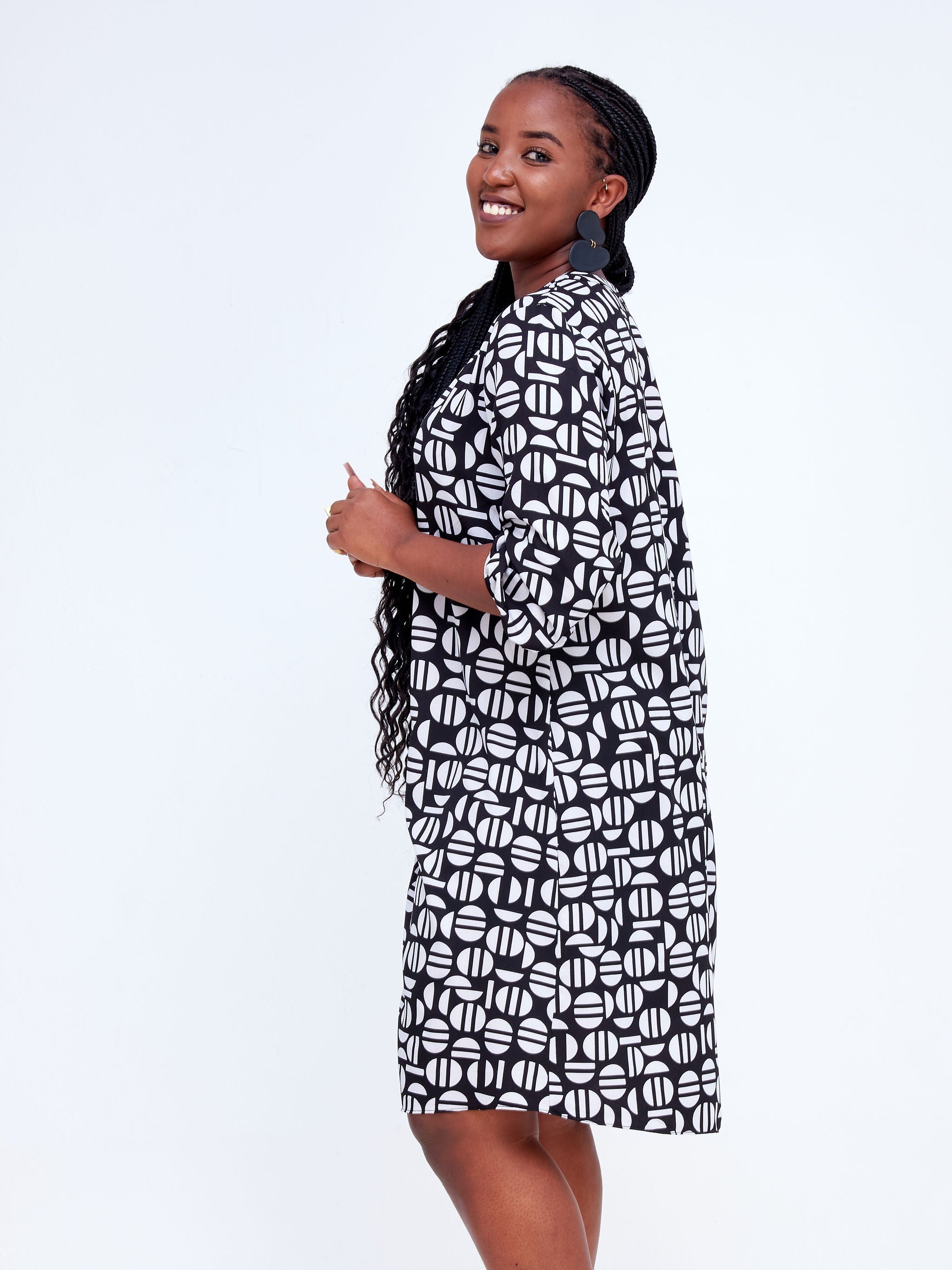 Vivo Imali Tie Sleeve Shirt Dress - Black / White Geometric Print