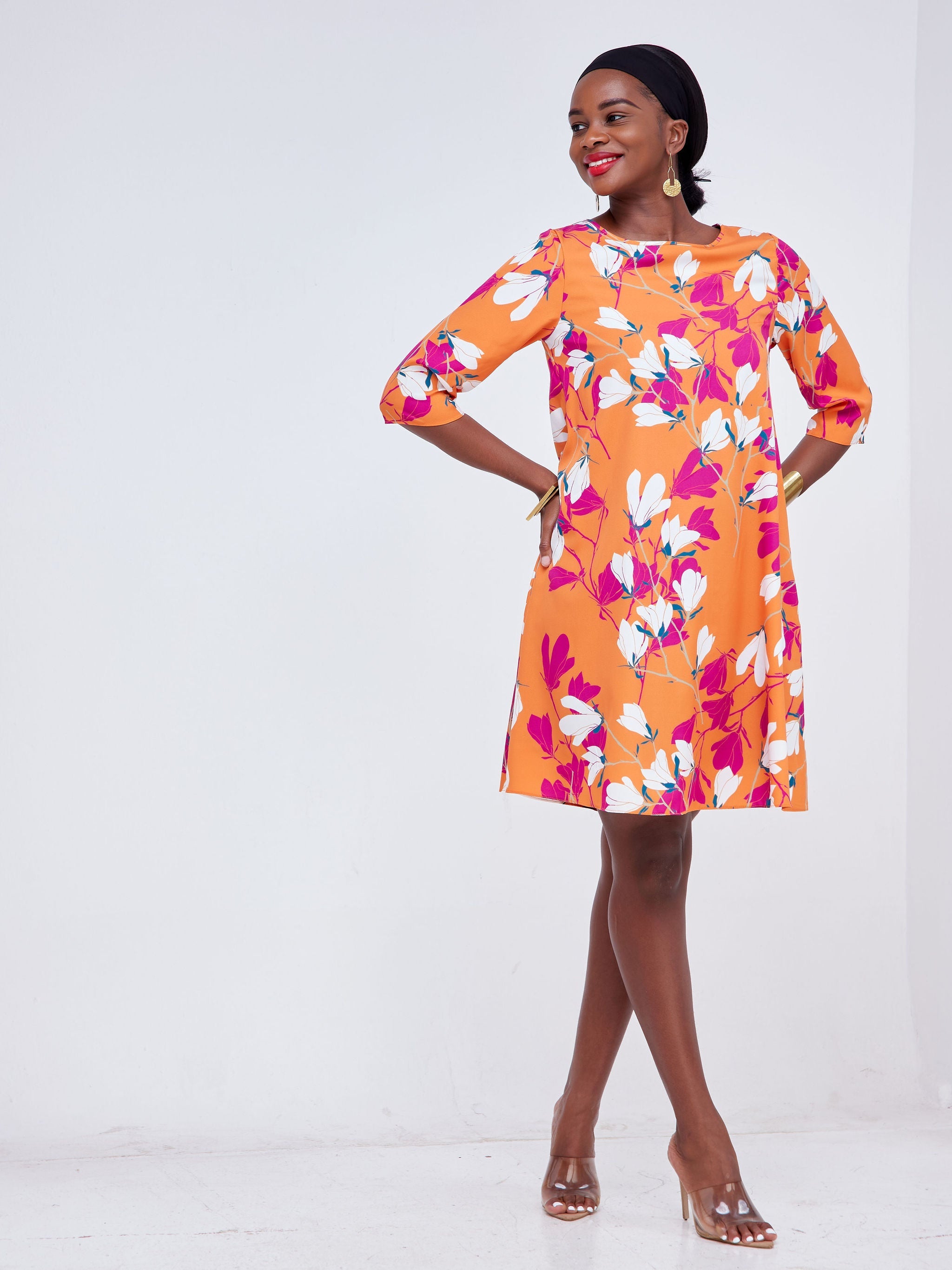 Vivo Basic Ayo Tent Dress - Orange / Purple Floral Print