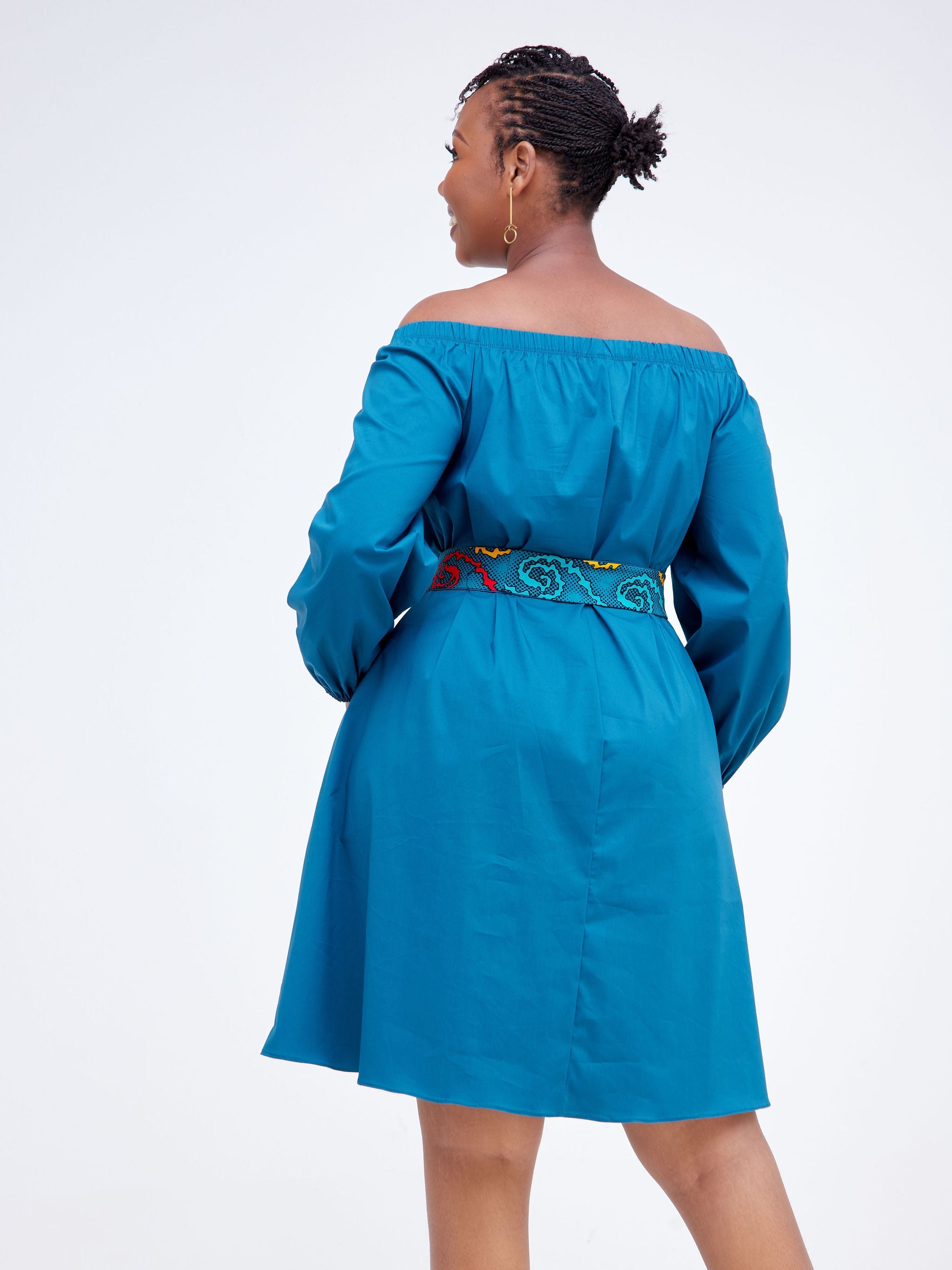 Safari Tawi Off Shoulder Knee Length Dress - Teal