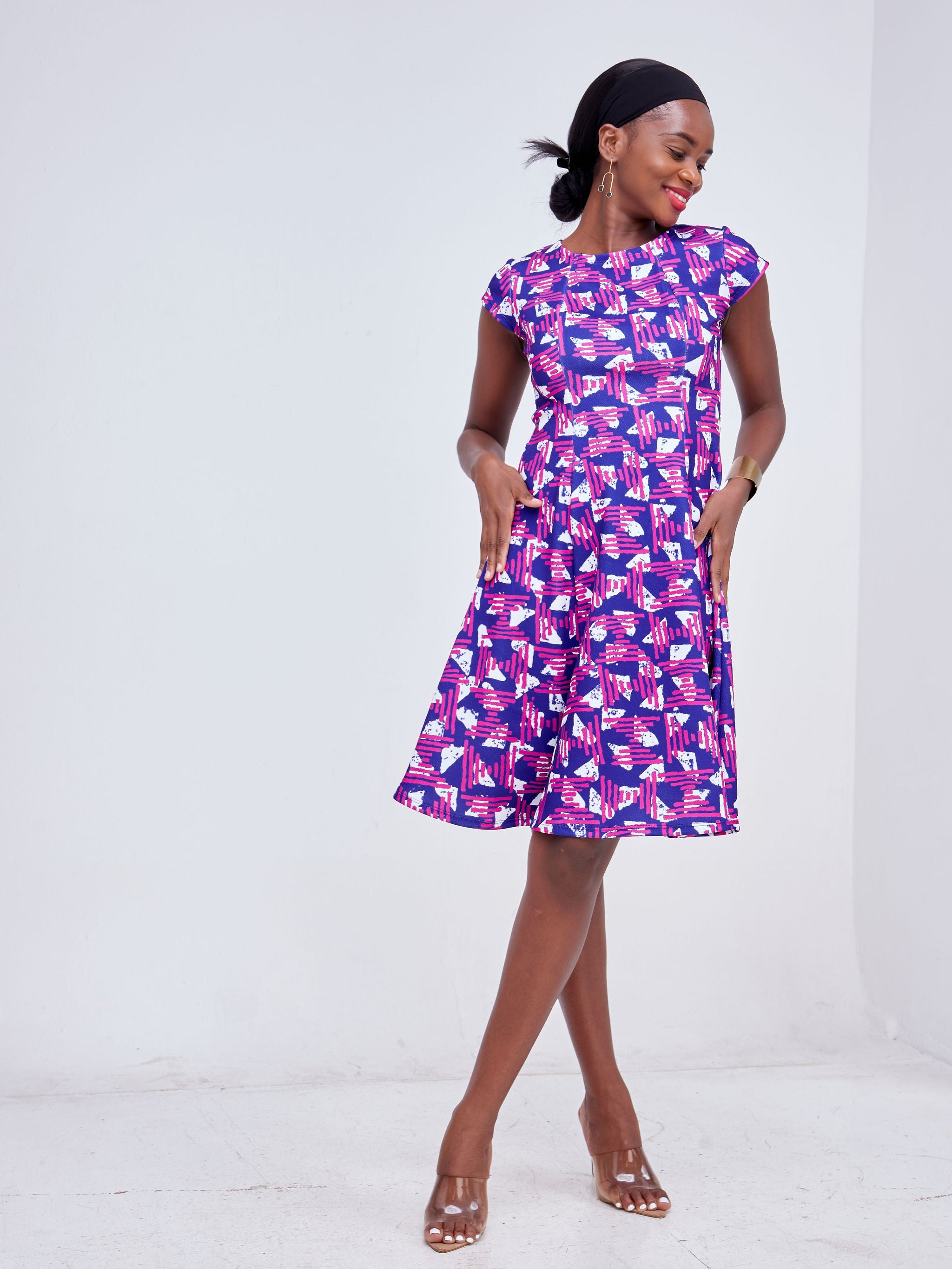 Vivo Hema Cap Sleeve A-Line Dress - Purple / Navy Blue Abstract Print