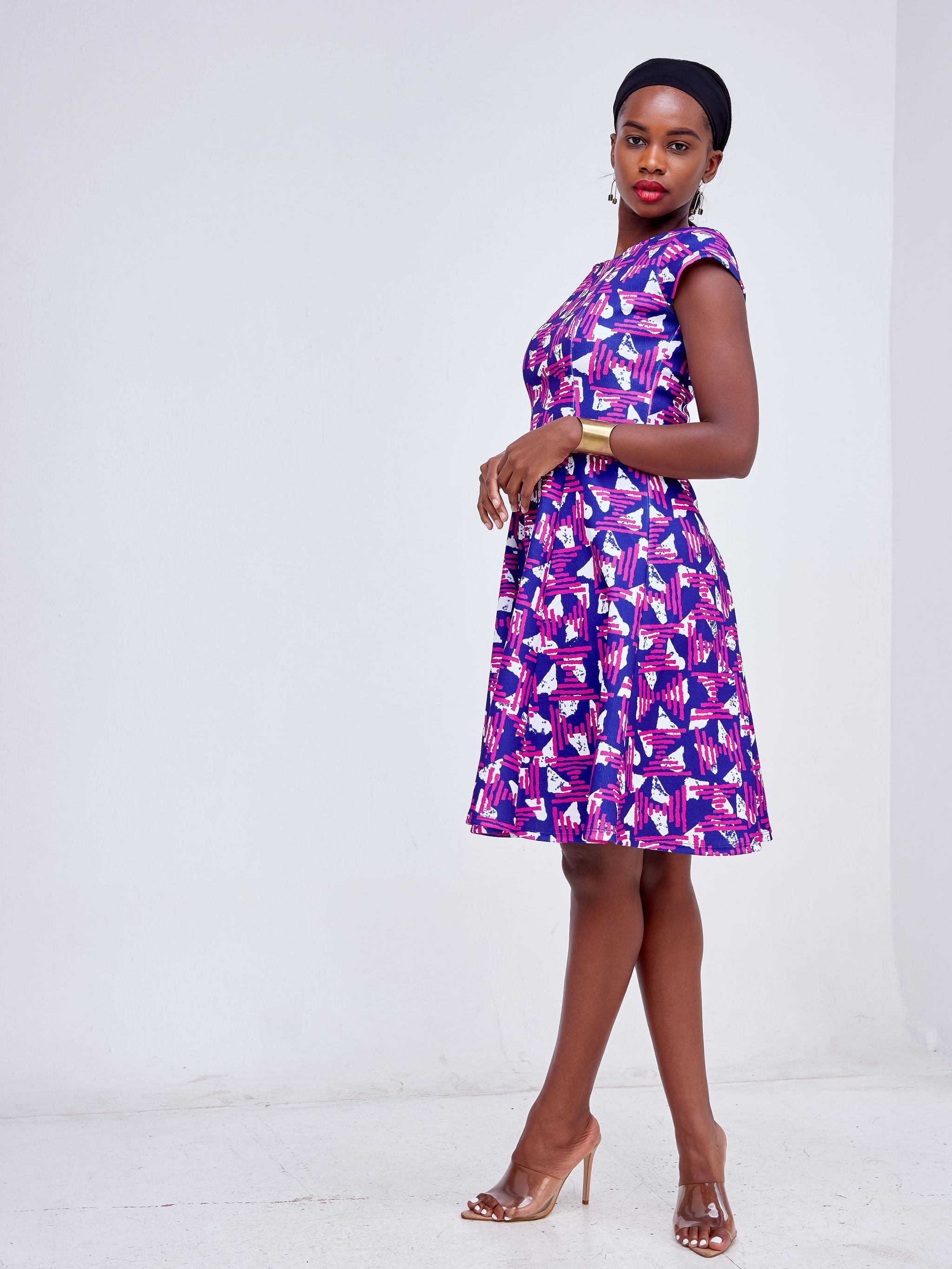 Vivo Hema Cap Sleeve A-Line Dress - Purple / Navy Blue Abstract Print