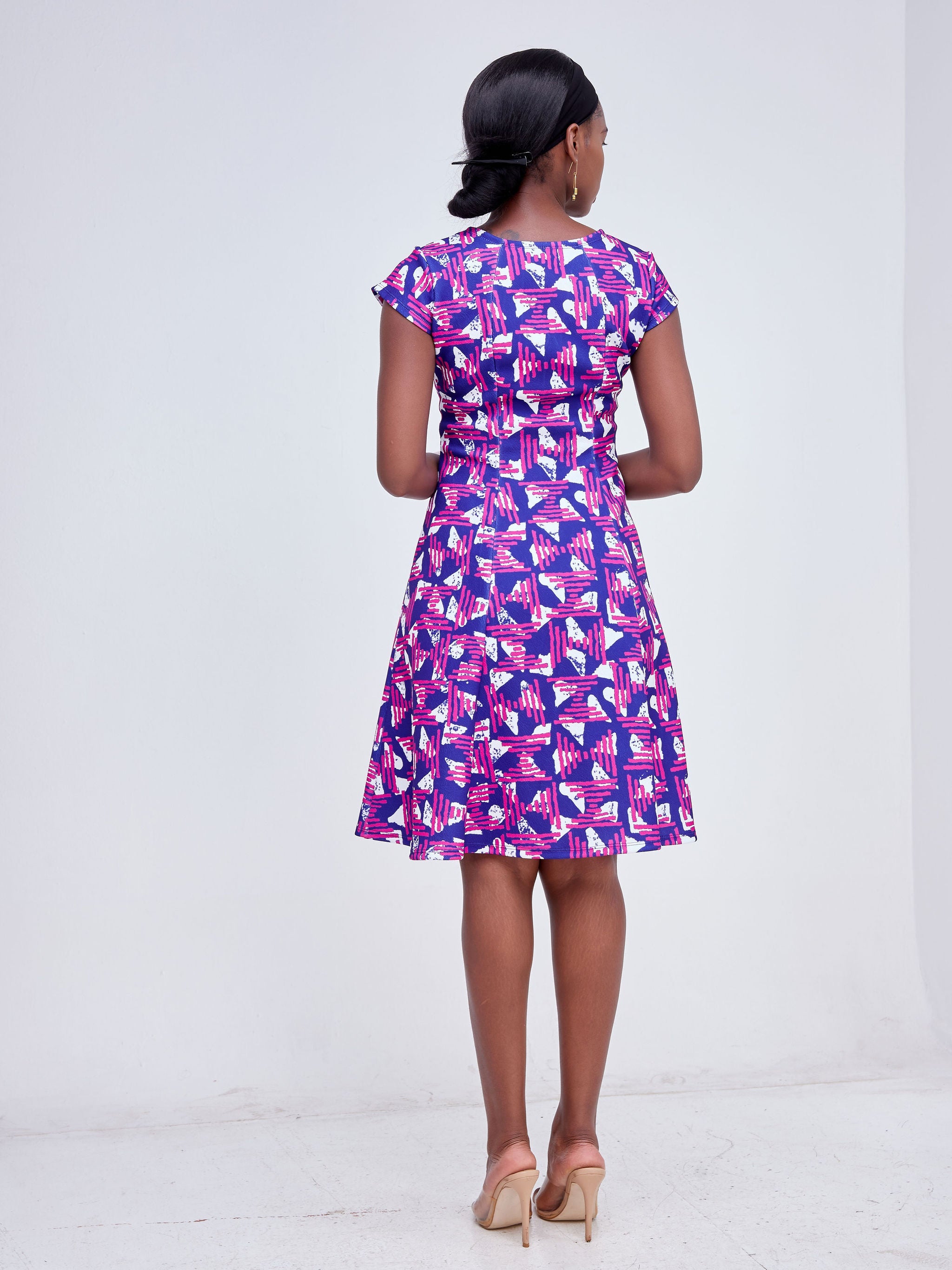 Vivo Hema Cap Sleeve A-Line Dress - Purple / Navy Blue Abstract Print