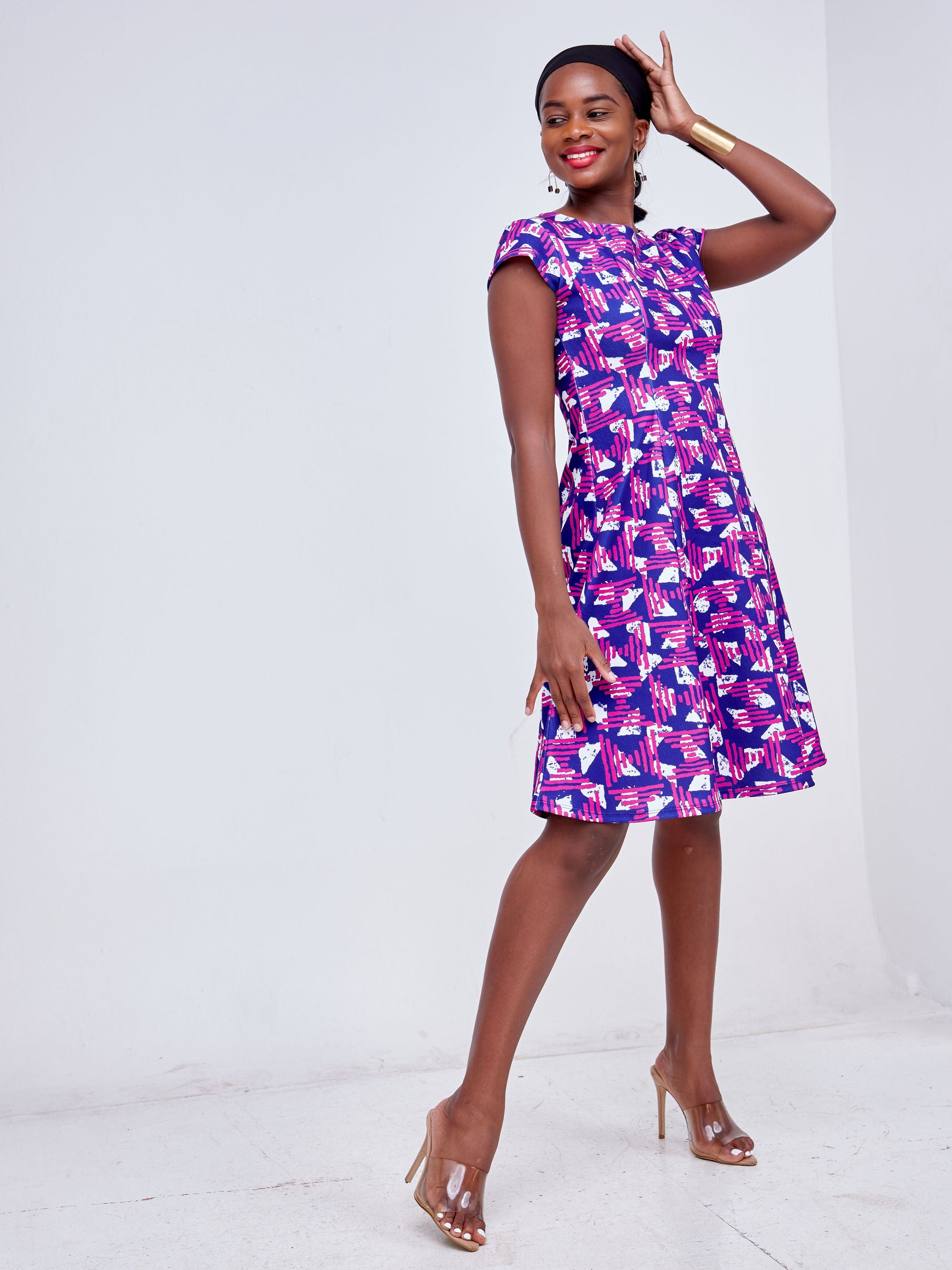 Vivo Hema Cap Sleeve A-Line Dress - Purple / Navy Blue Abstract Print